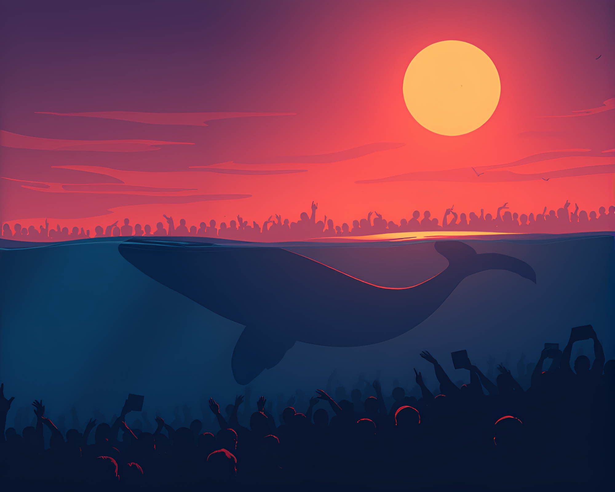 Whale amidst crowded cityscape silhouette – free AI stock image