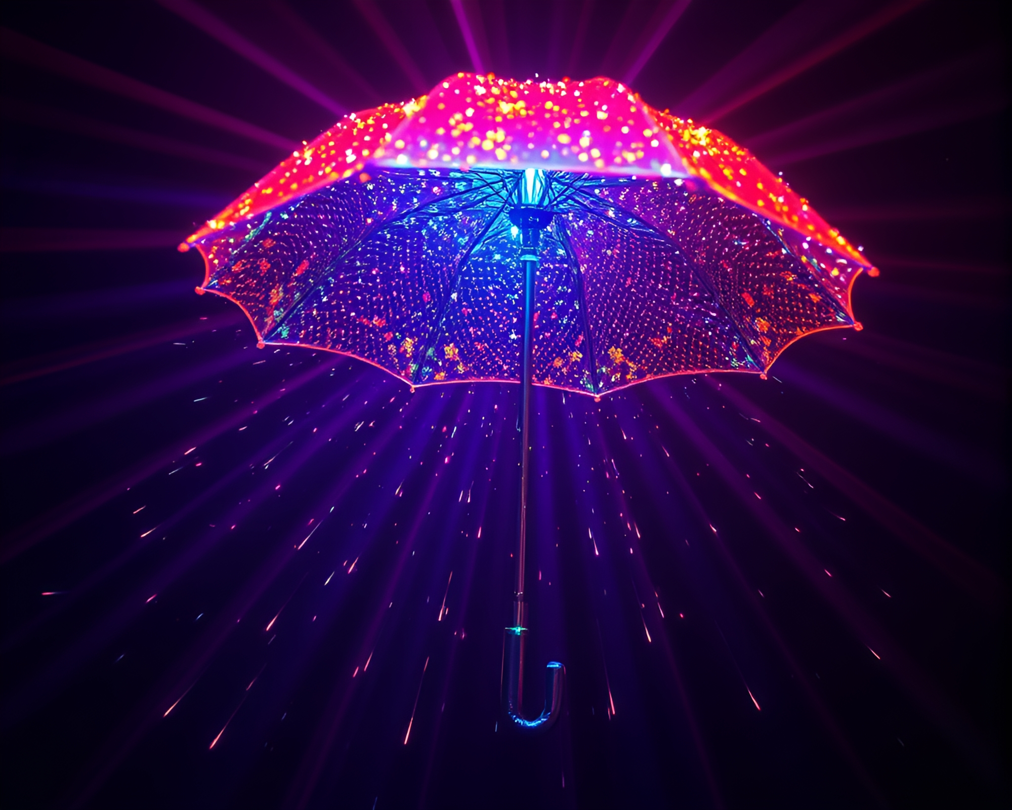 Neon-lit umbrella under laser beam shower – free AI stock image