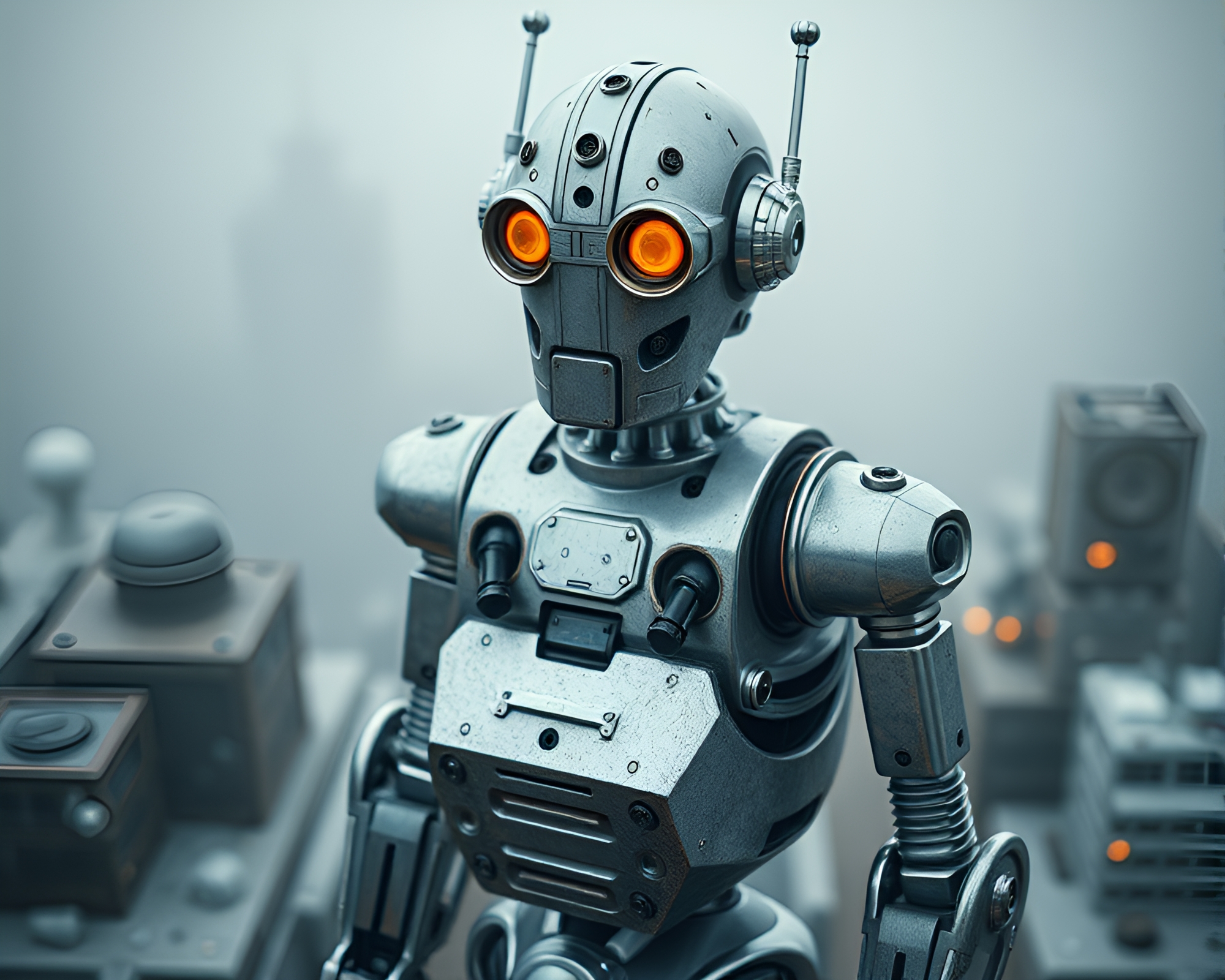 Steampunk Robot in High-Angle Flat Design Scene – free AI stock image