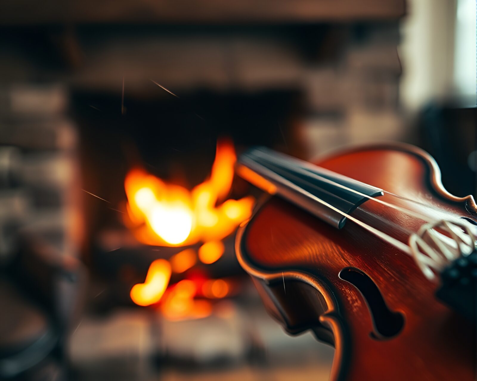 A beautiful motion blur image of a violin by a fireplace