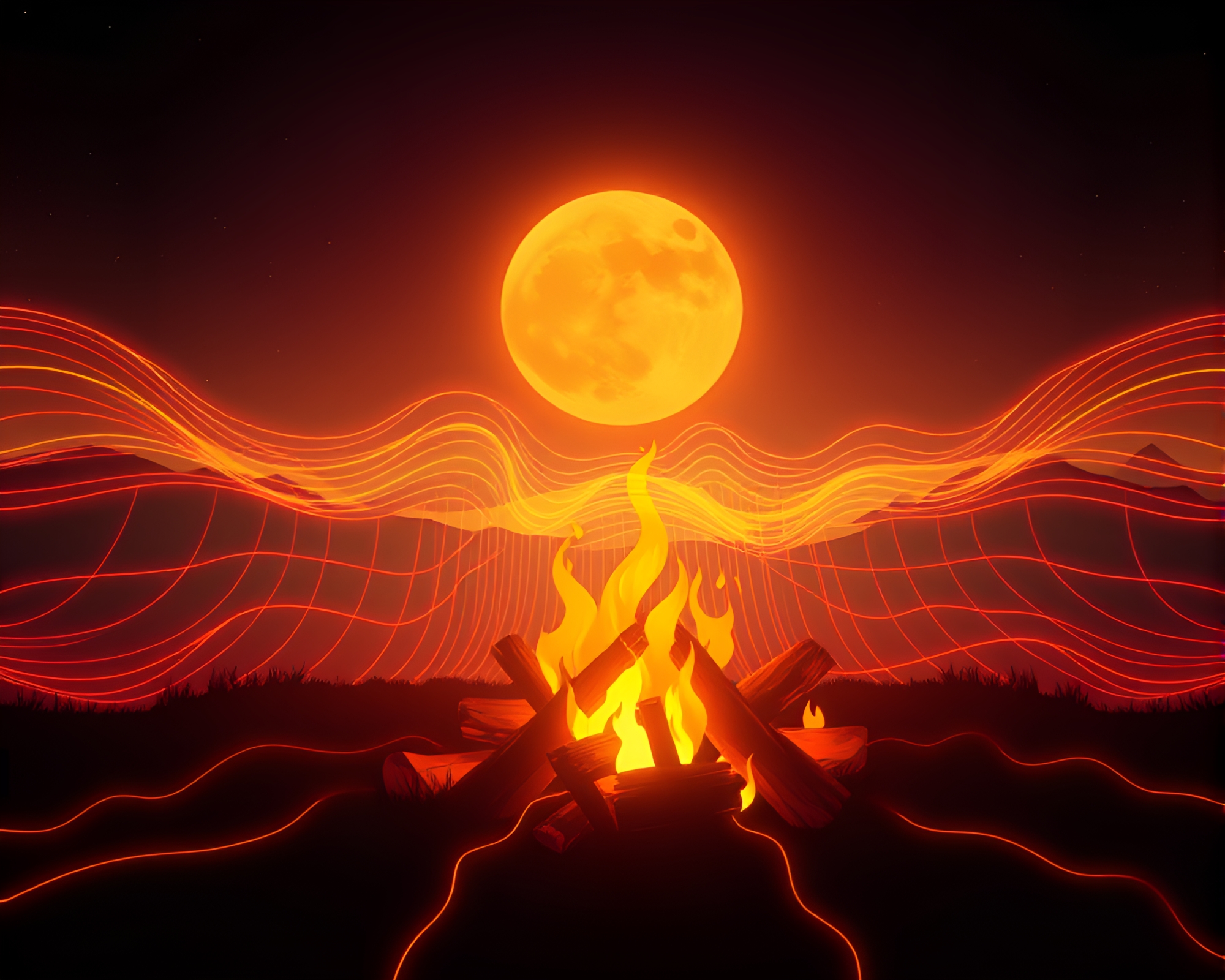 Retro Wave Fiber Optics Silhouette Bonfire Illustration – free AI stock image