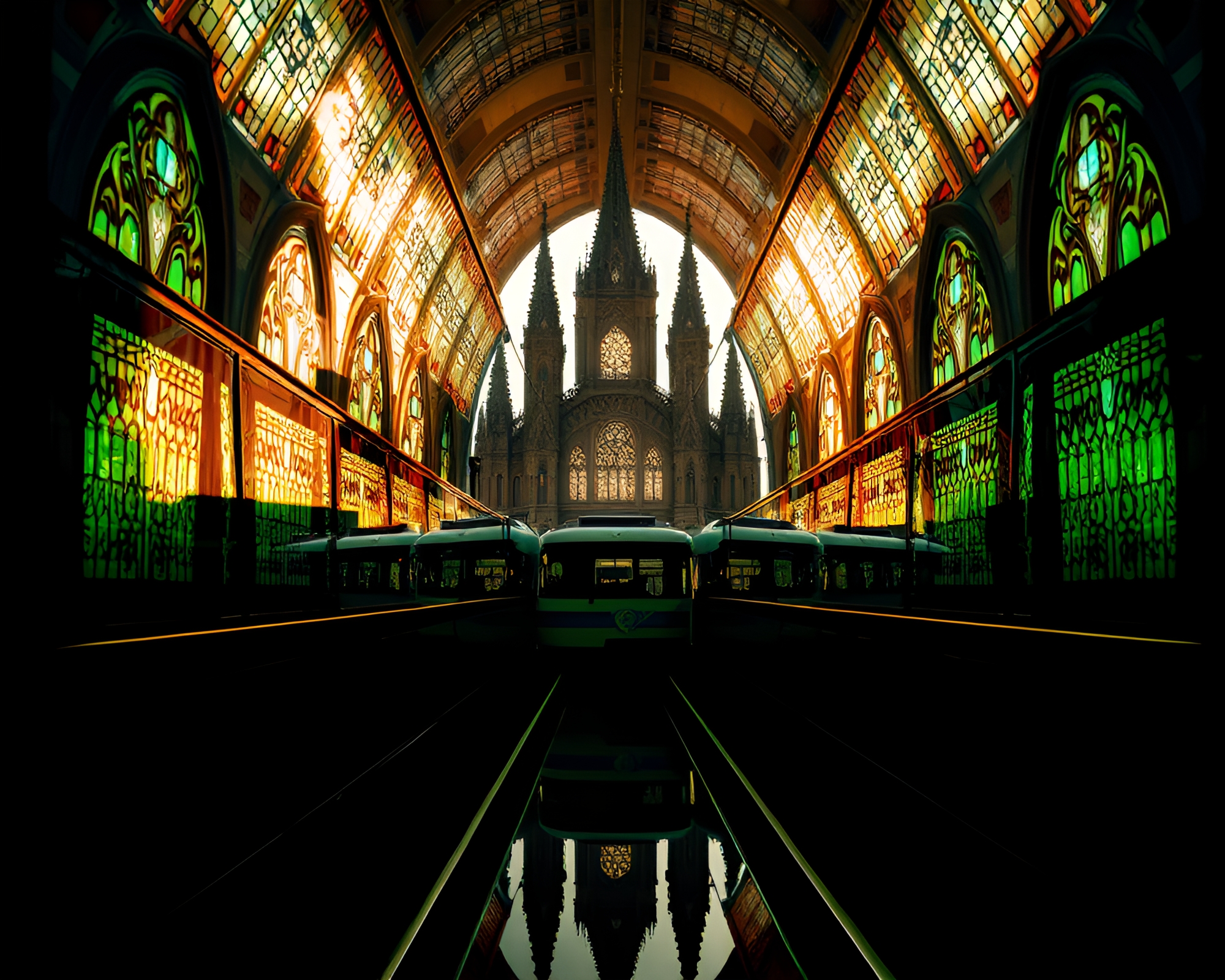 Monorail silhouette in cathedral light reflection – free AI stock image