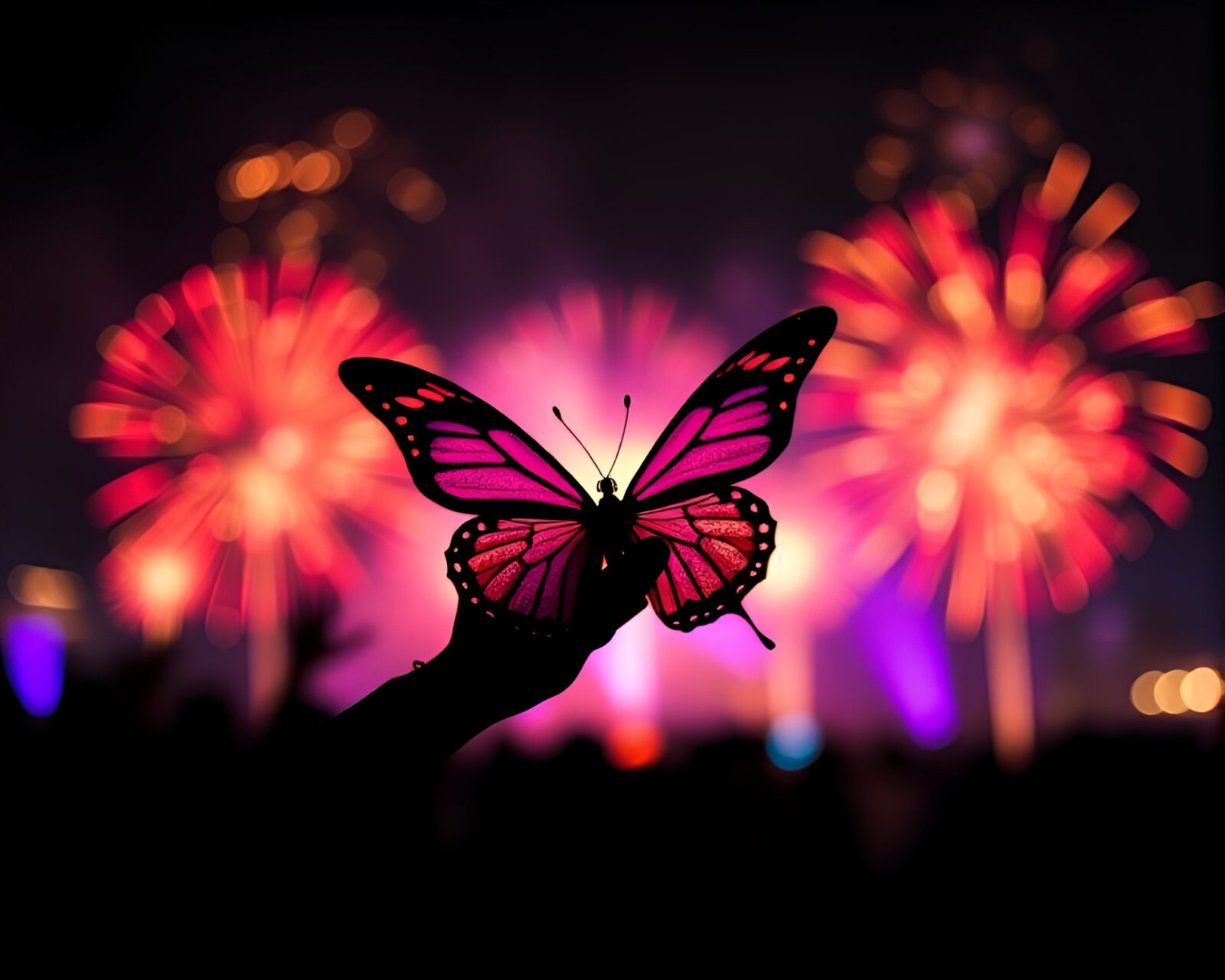 Elegant shadow of butterfly amidst colorful festival fireworks
