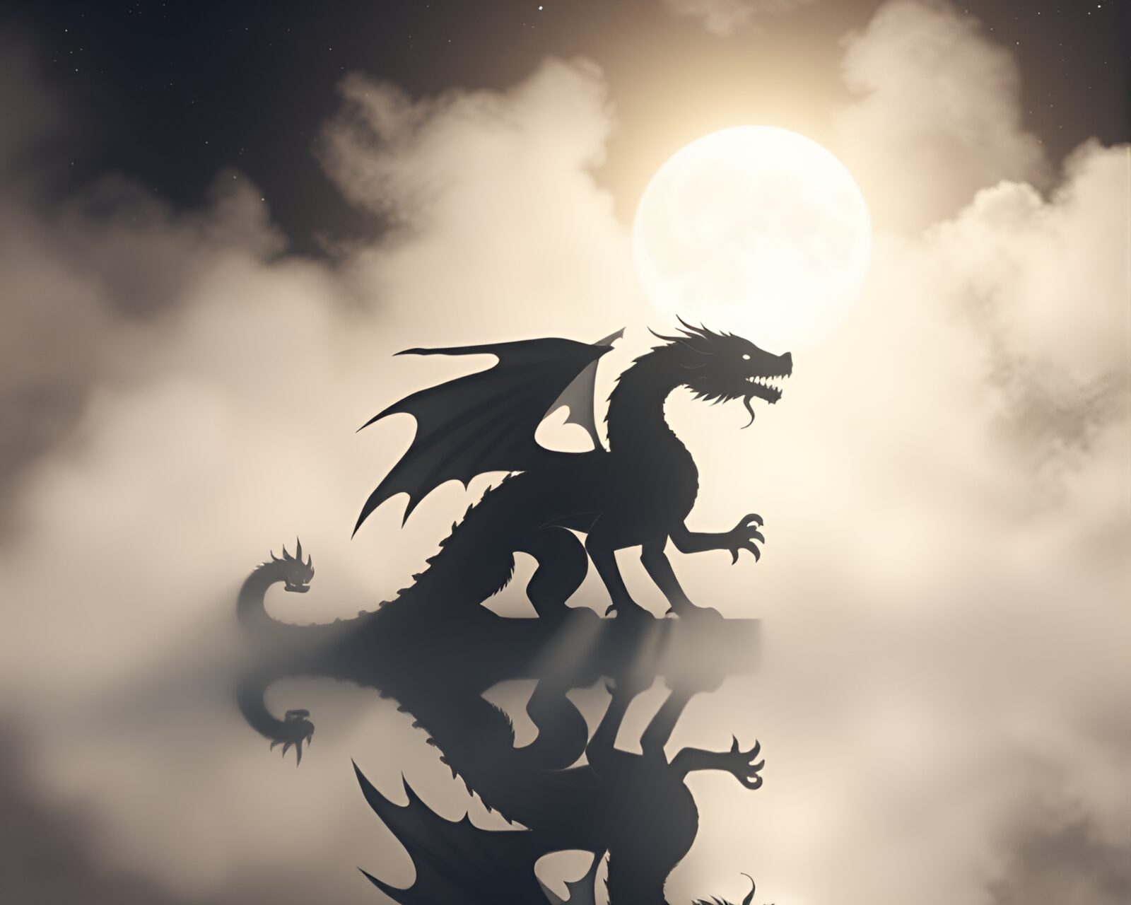 Silhouetted dragon amidst ethereal fog and shimmering light