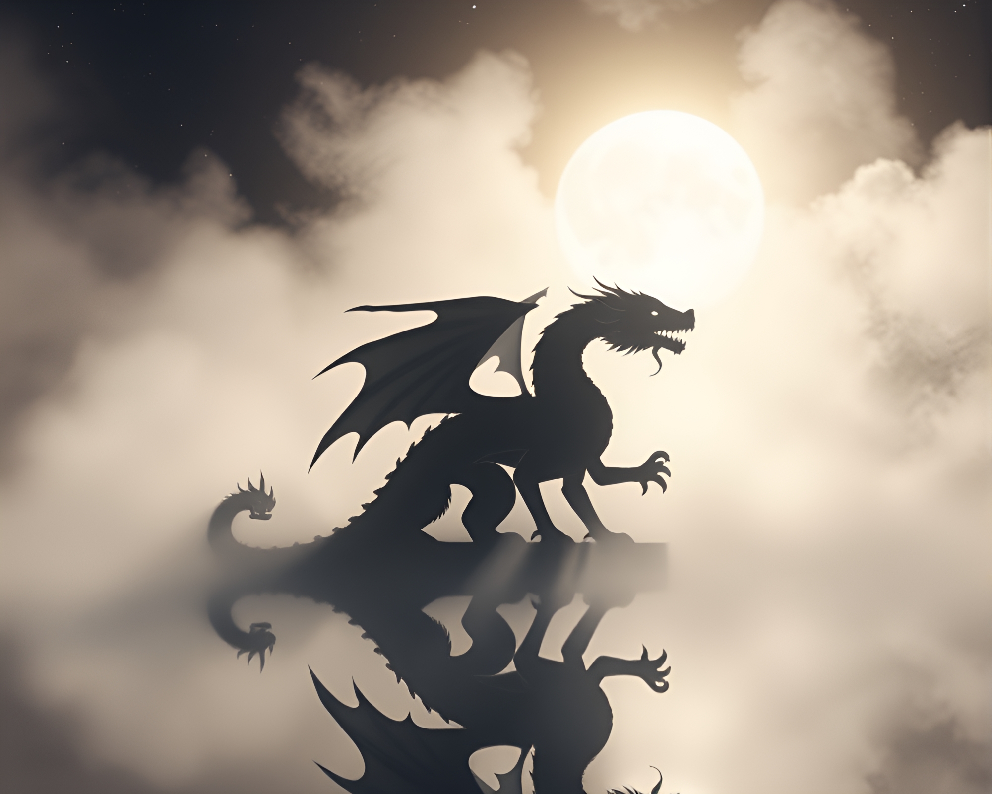 Celestial Dragon Reflection in Misty Shadows – free AI stock image