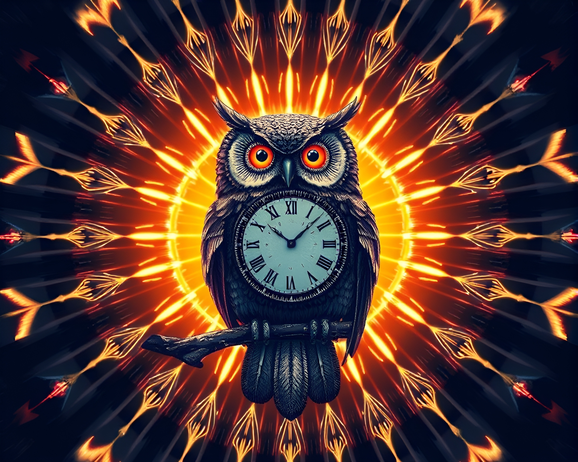 Clockwork Owl in Solar Flare Glow – free AI stock image