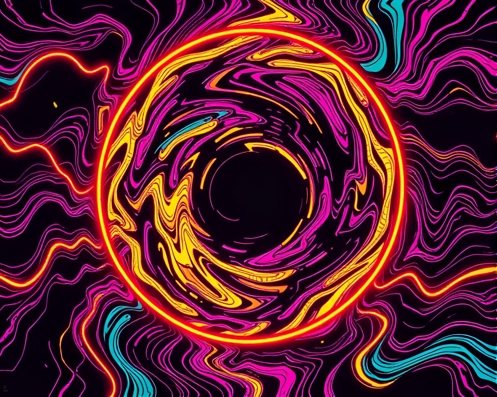 Surreal neon wireframe swirl in distorted VHS style