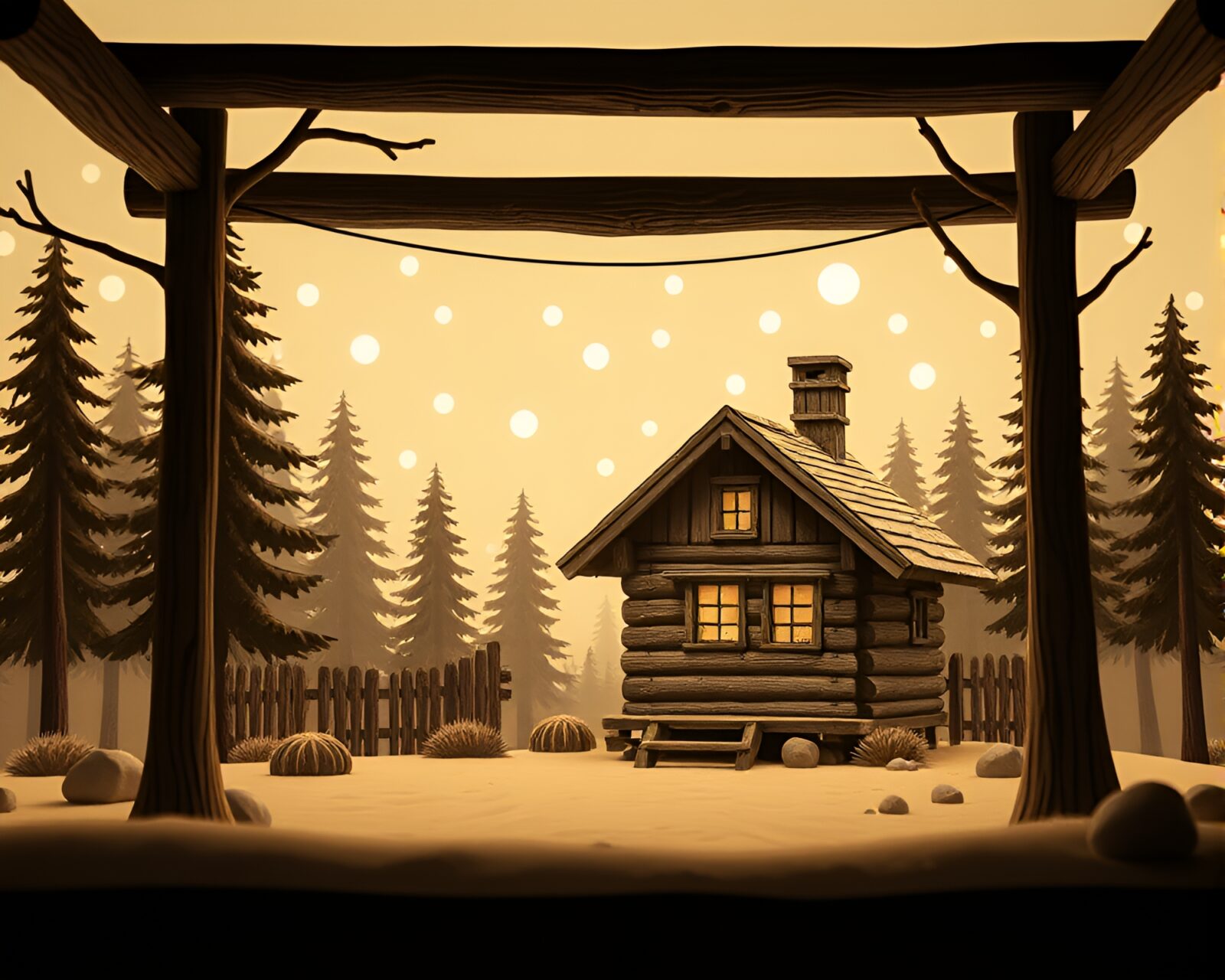 Serene still life of a rustic cabin with ivroy lighting