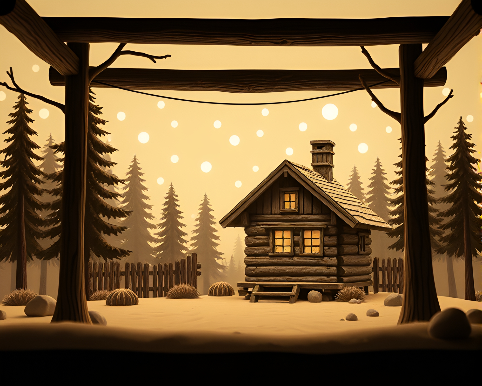 Rustic Cabin Drenched in Ivory White Light – free AI stock image