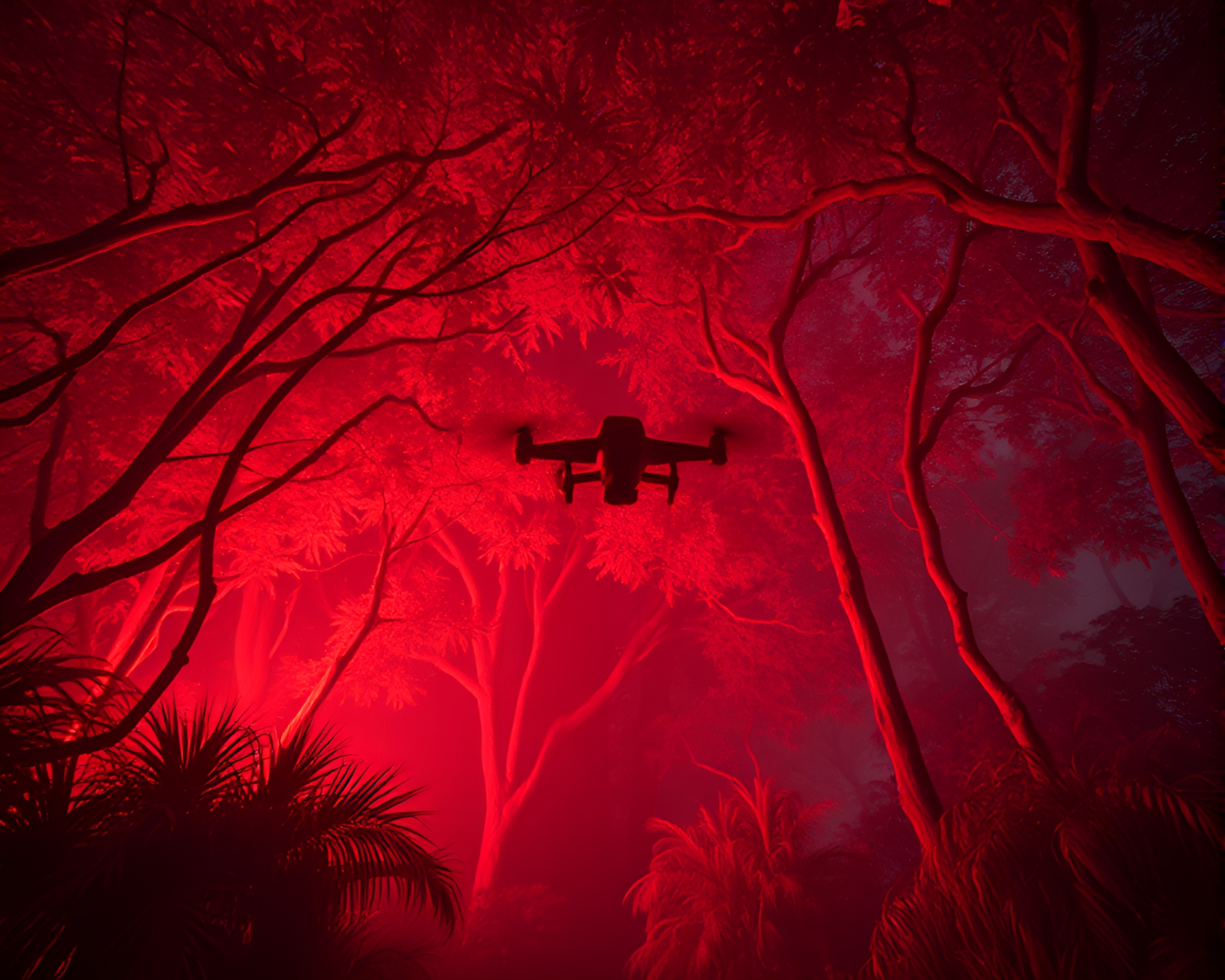 Infrared Drone Flying Over Candlelit Jungle Canopy – free AI stock image