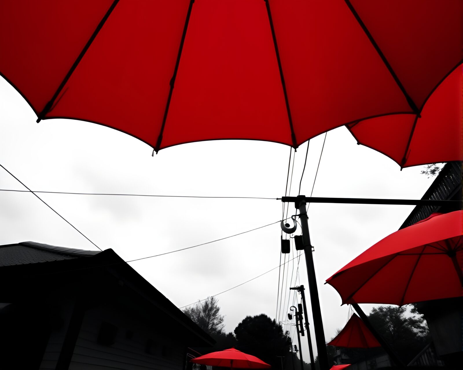 A 16-bit-styled umbrella in a monochrome red world