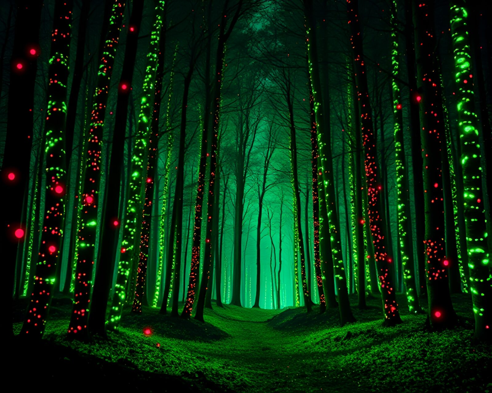A surreal forest glowing with neon graffiti under thermal imaging