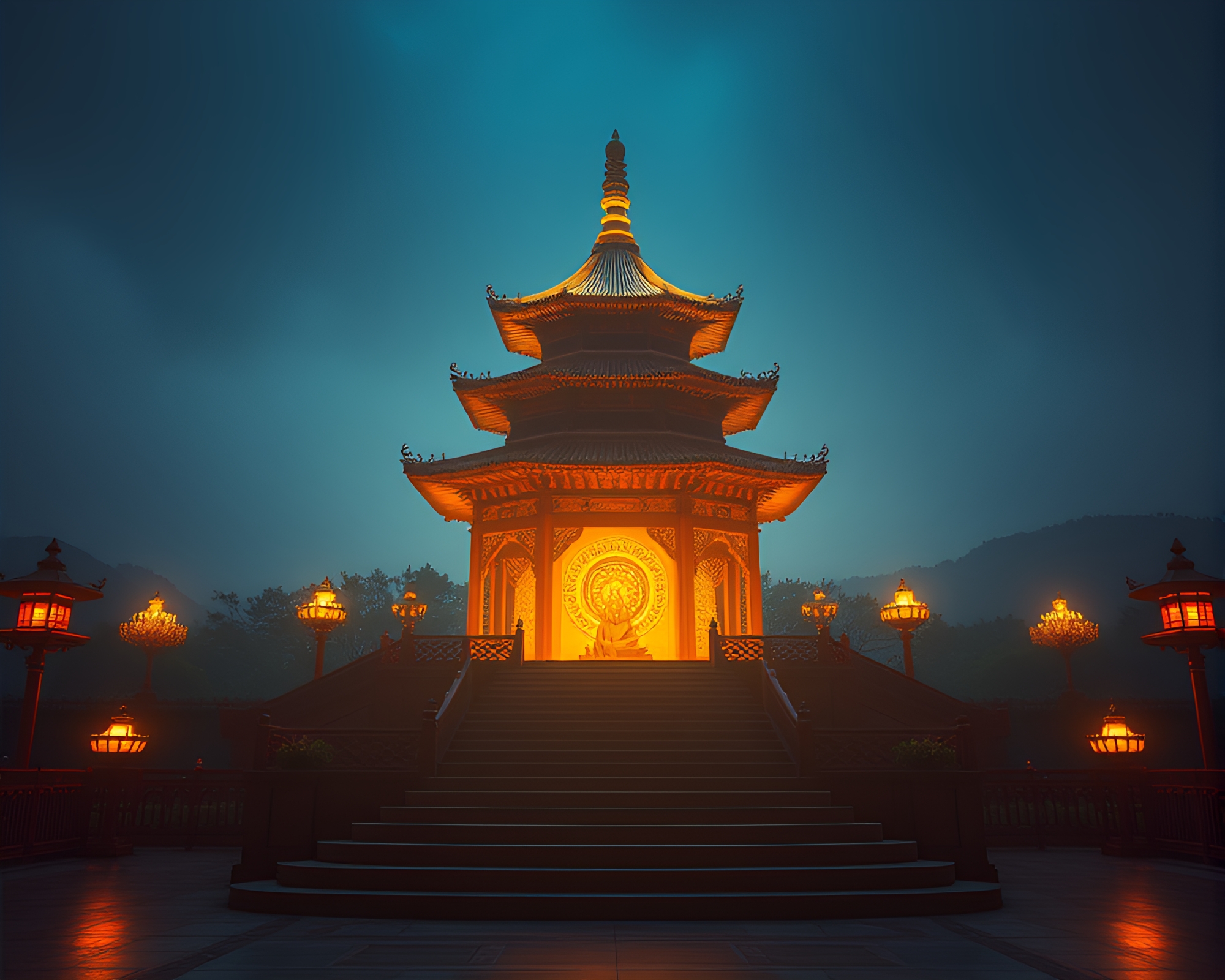 Pagoda Throne Room Glow With Grain Overlay – free AI stock image