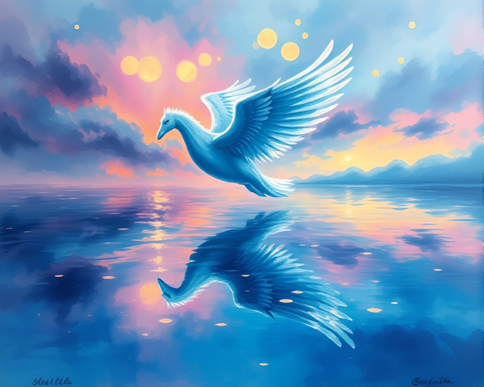 A mystical scene with Pegasus reflected in rippling waters