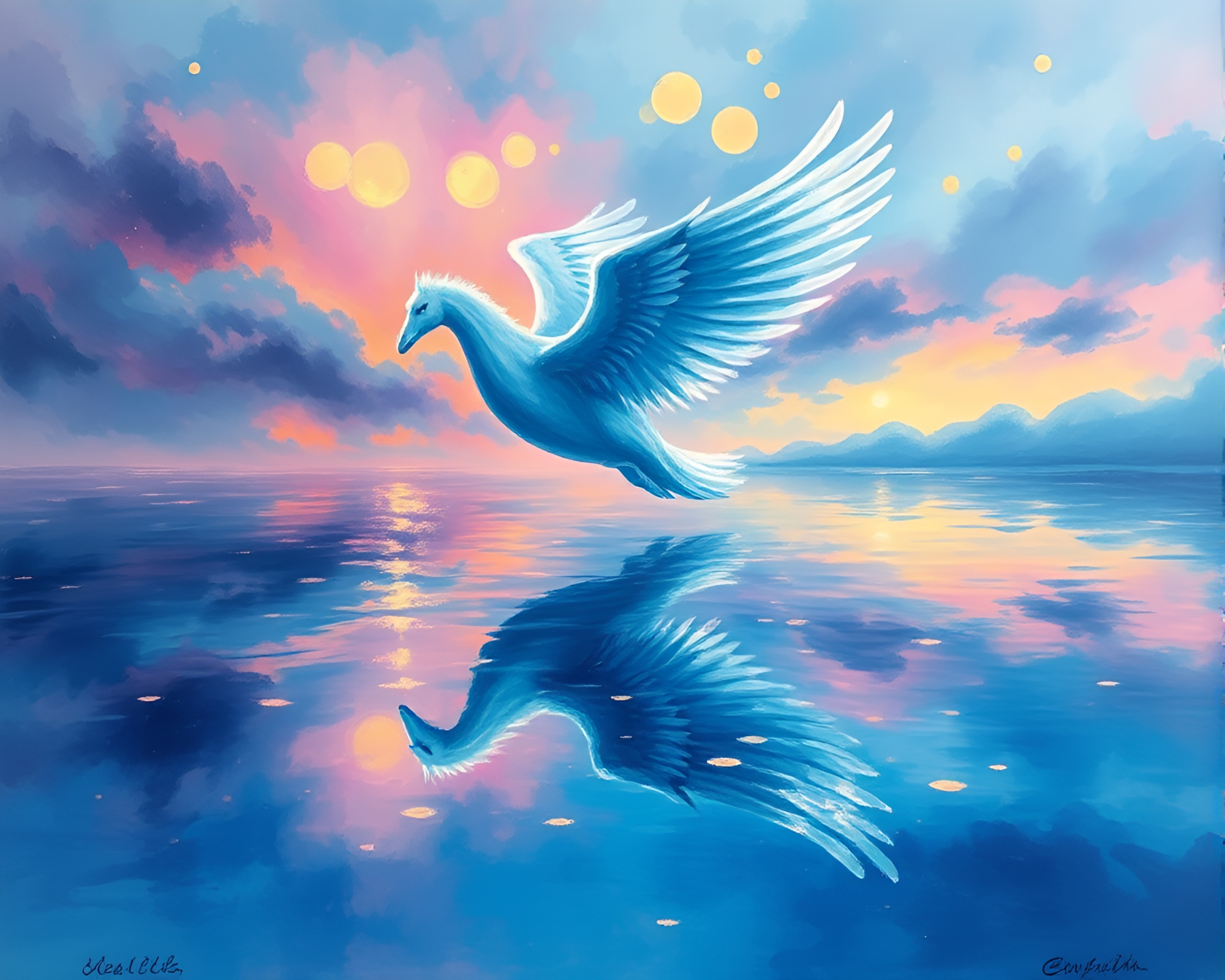 Pegasus Water Reflections in Aurora Impressionist Style – free AI stock image