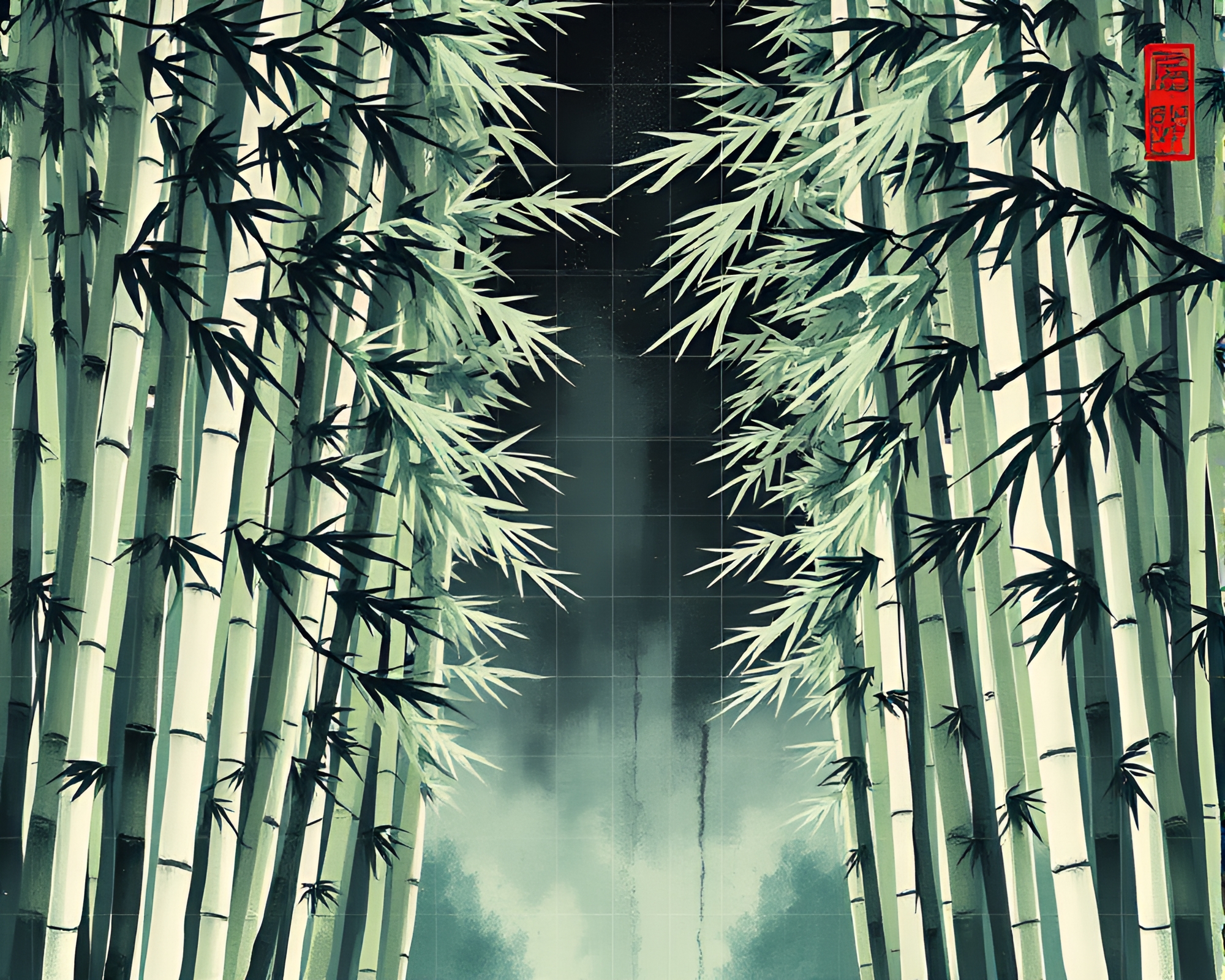 Bamboo Grove with God Rays in Sumi-e Brushwork – free AI stock image