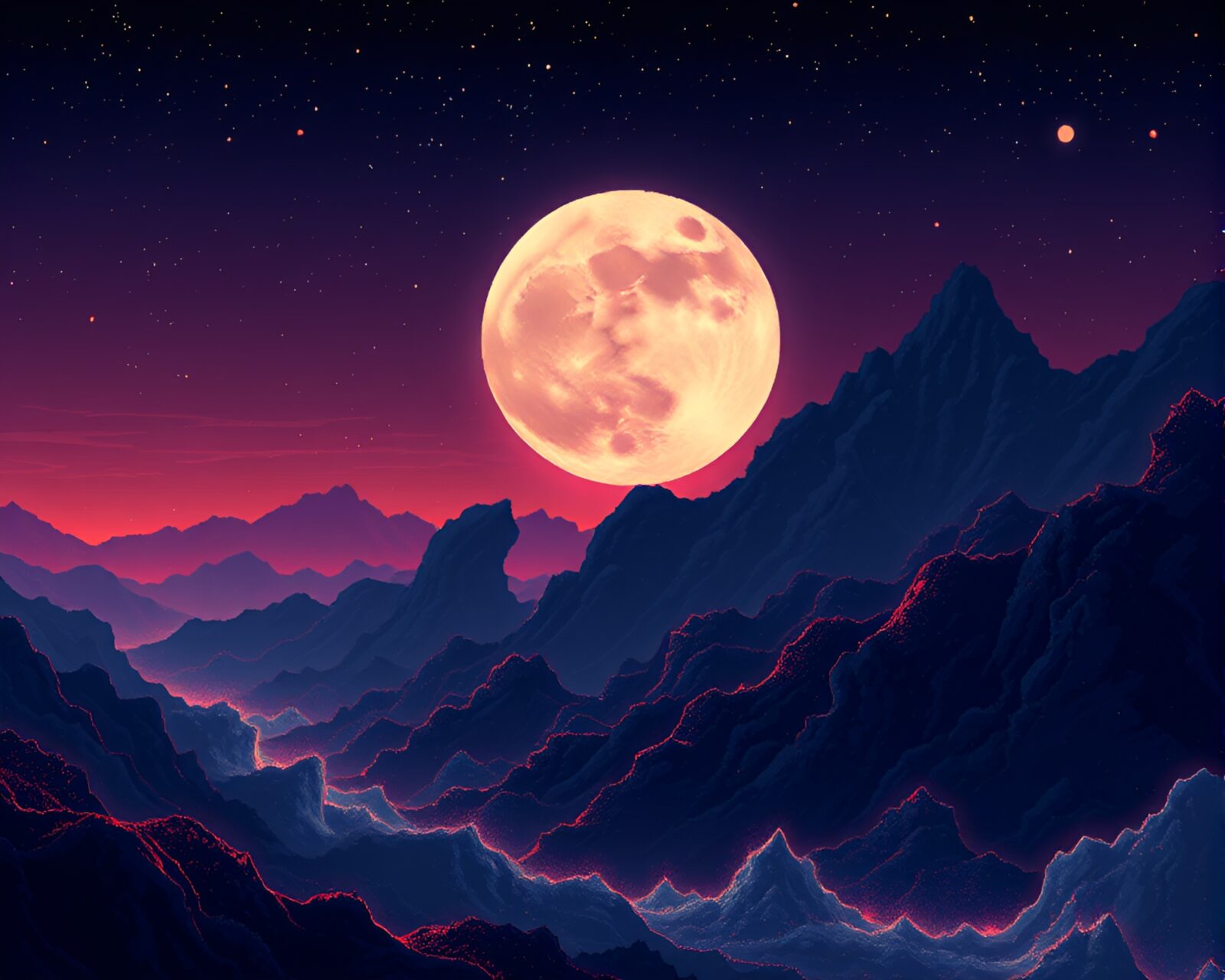 Abstract retro pixel art of fractal patterns under moonlight