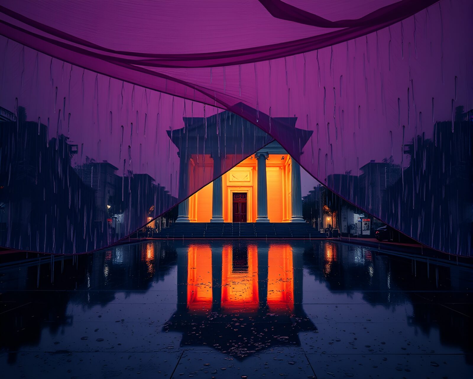 Selective color image of a serene temple in the rain