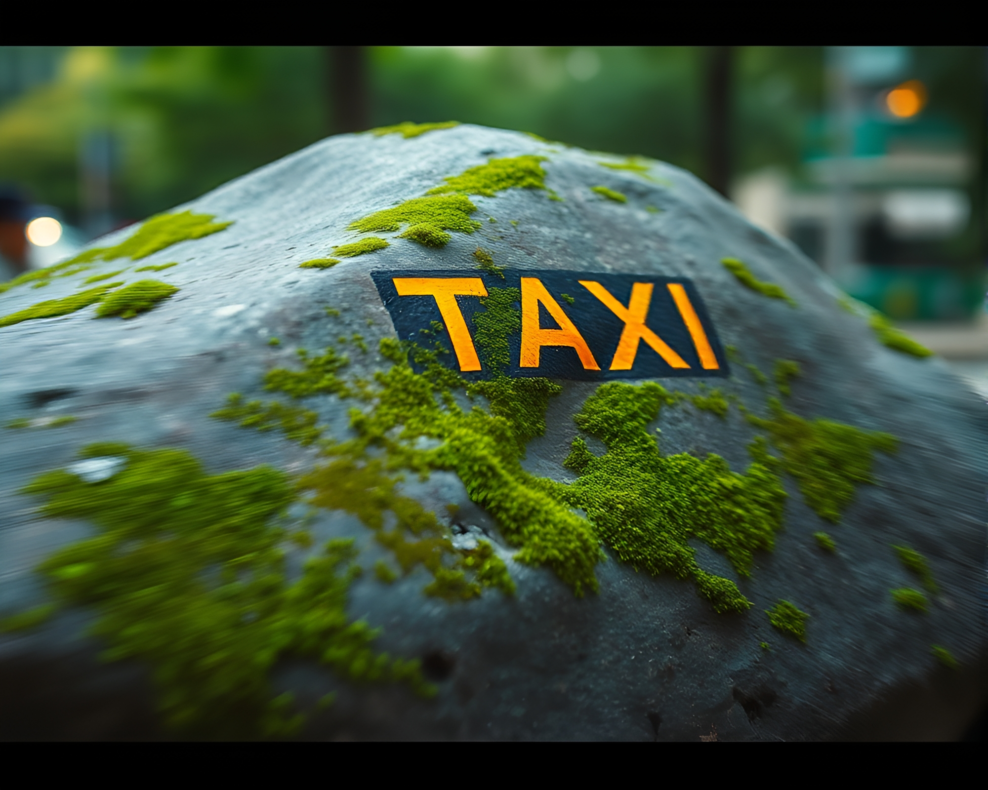 Taxi Blur Streak Surrounded by Moss-Covered Rocks – free AI stock image