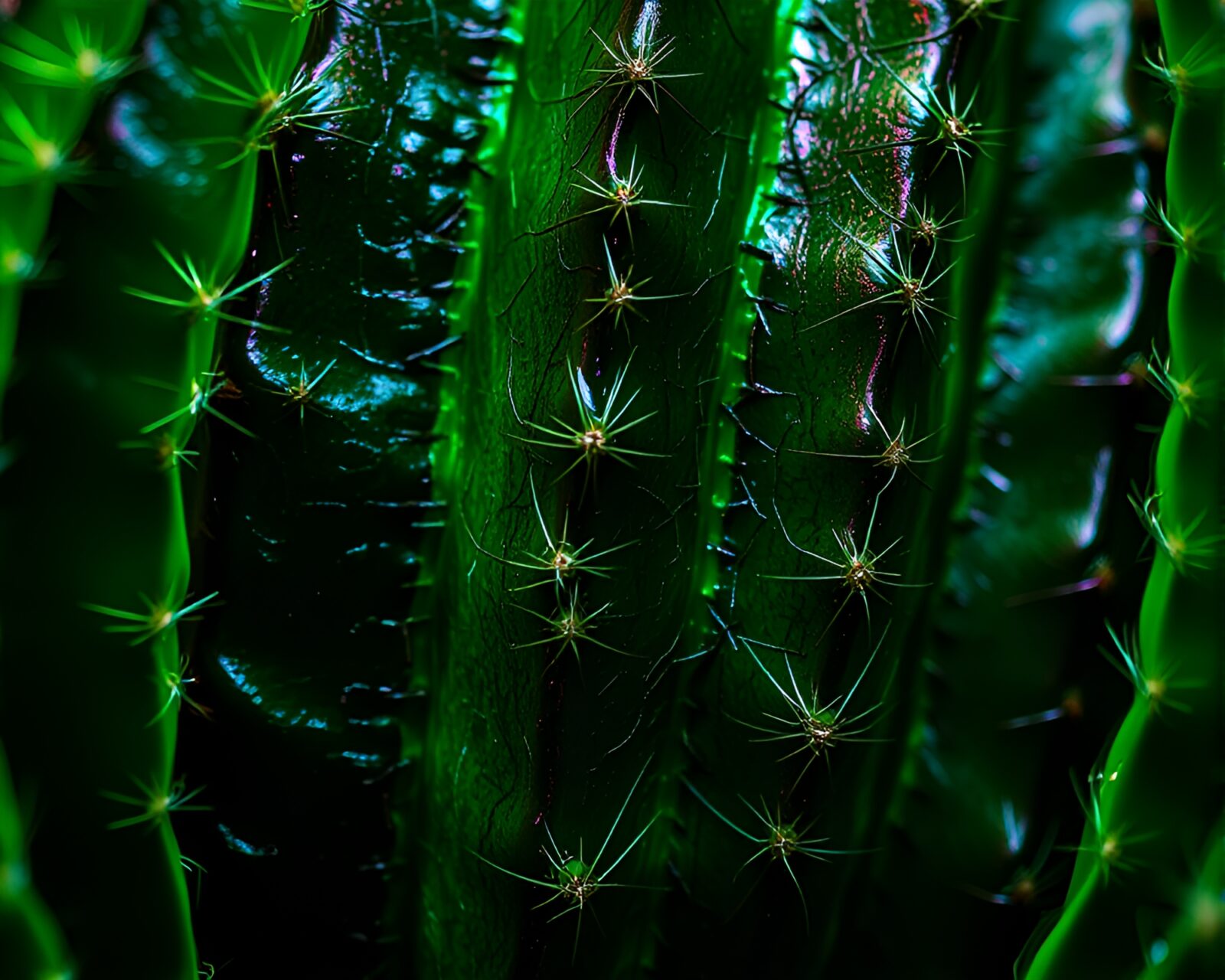 Emerald green illuminated metallic scratches with neon cactus shapes.