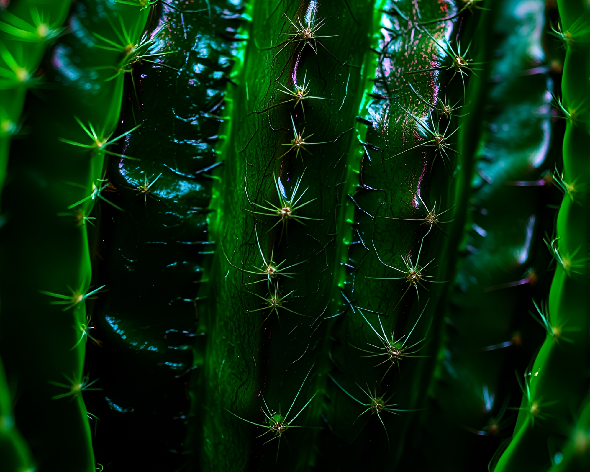 Glowing Neon Cactus Shadows on Metallic Surface – free AI stock image