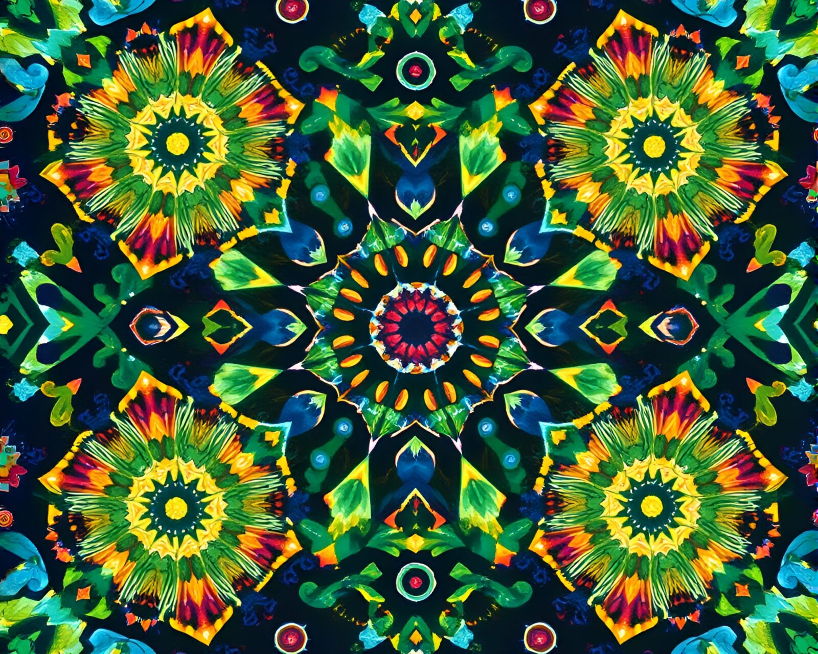Colorful abstract kaleidoscope pattern with circuit board theme and concert lights
