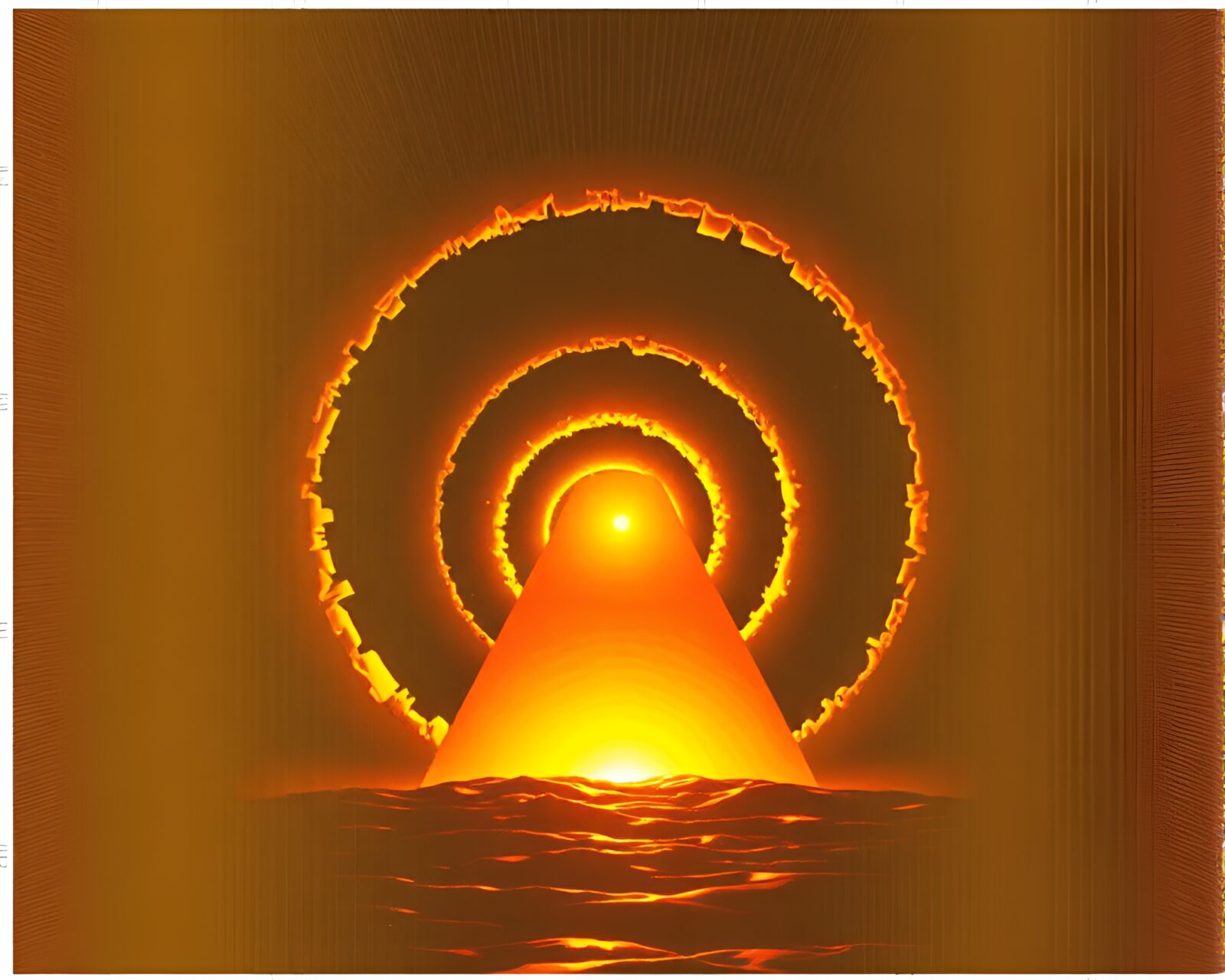 VHS-distorted scene with cel-shaded monolith in golden ratio