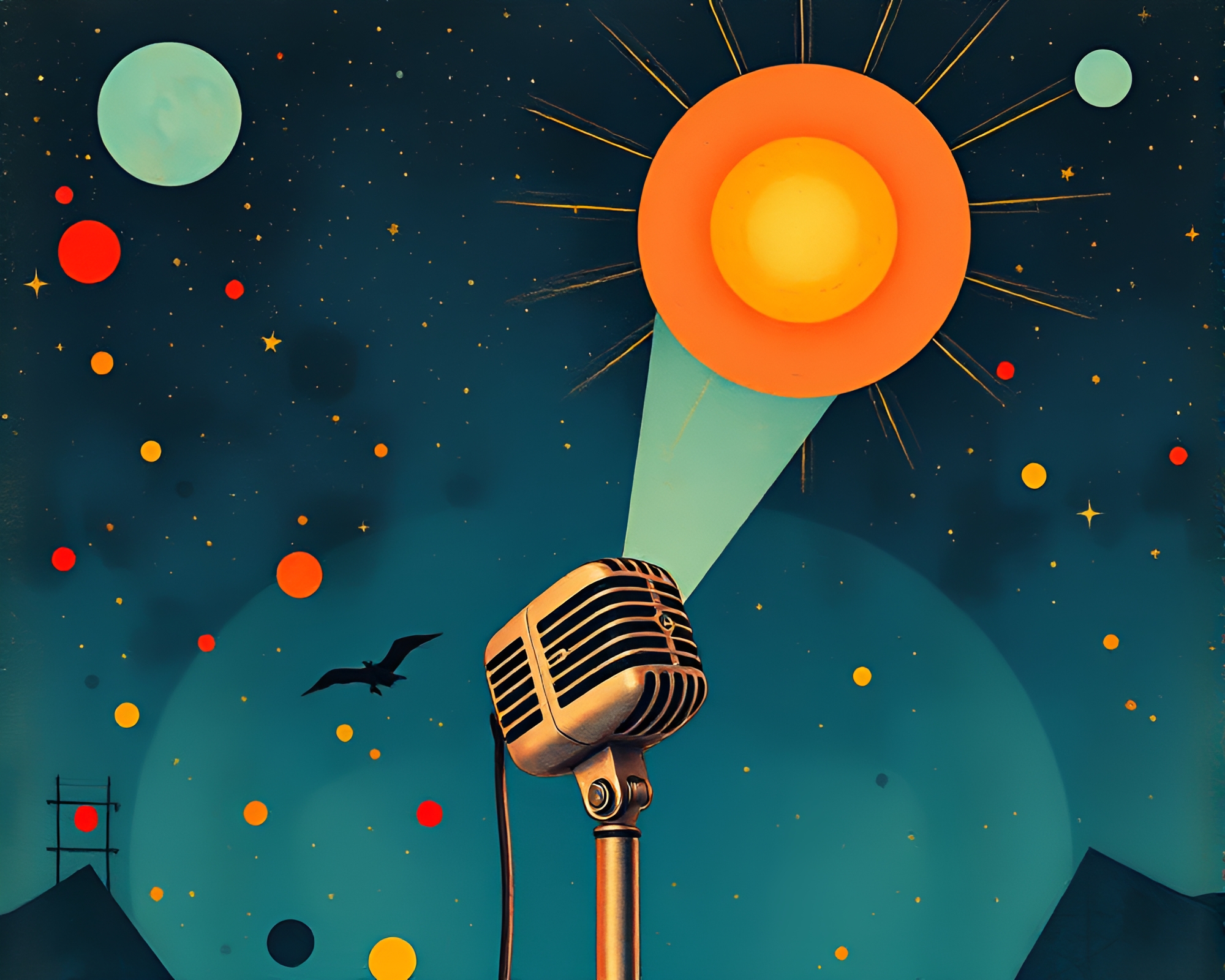 Dadaist Microphone Collage under Starlit Geometric Patterns – free AI stock image