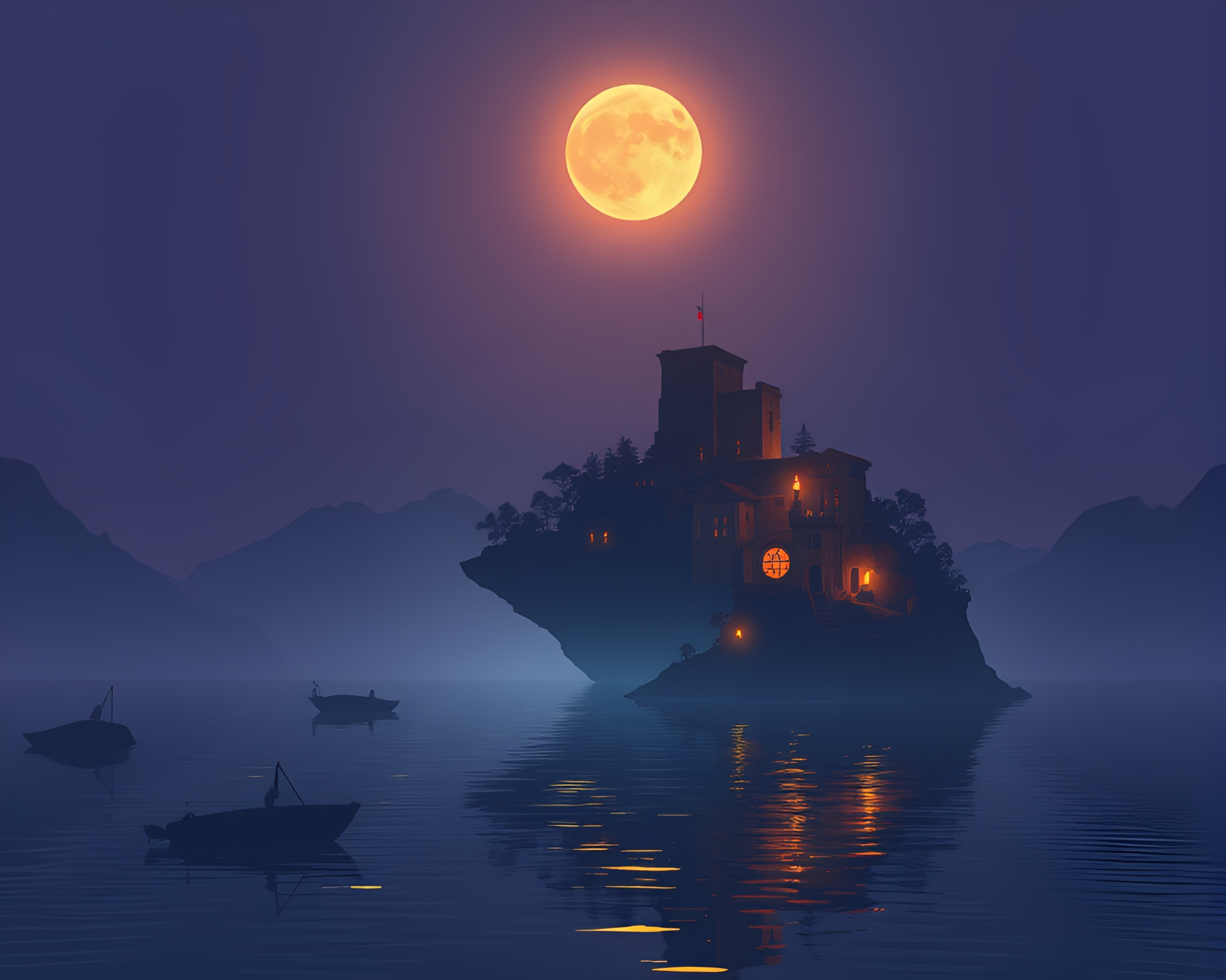 Vector Halftone Floating Island with Candlelit Atmosphere – free AI stock image