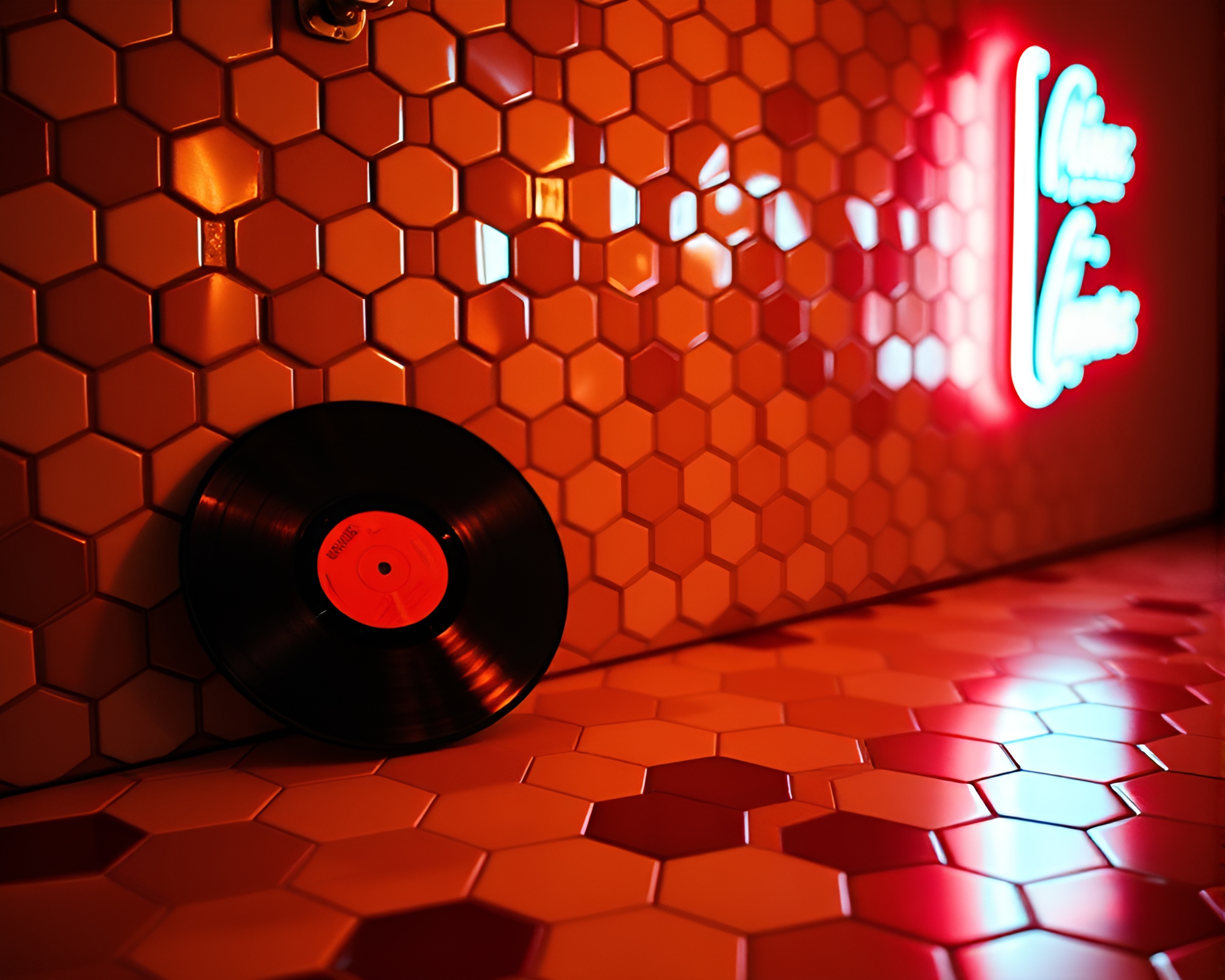 Futuristic Neon Vinyl Record Hexagonal Tiling Composition – free AI stock image