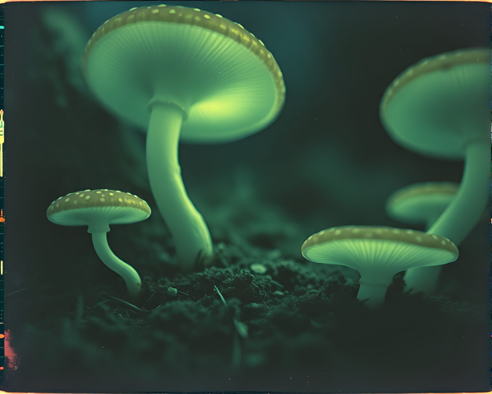 Vintage polaroid of bioluminescent fungi in forest at night