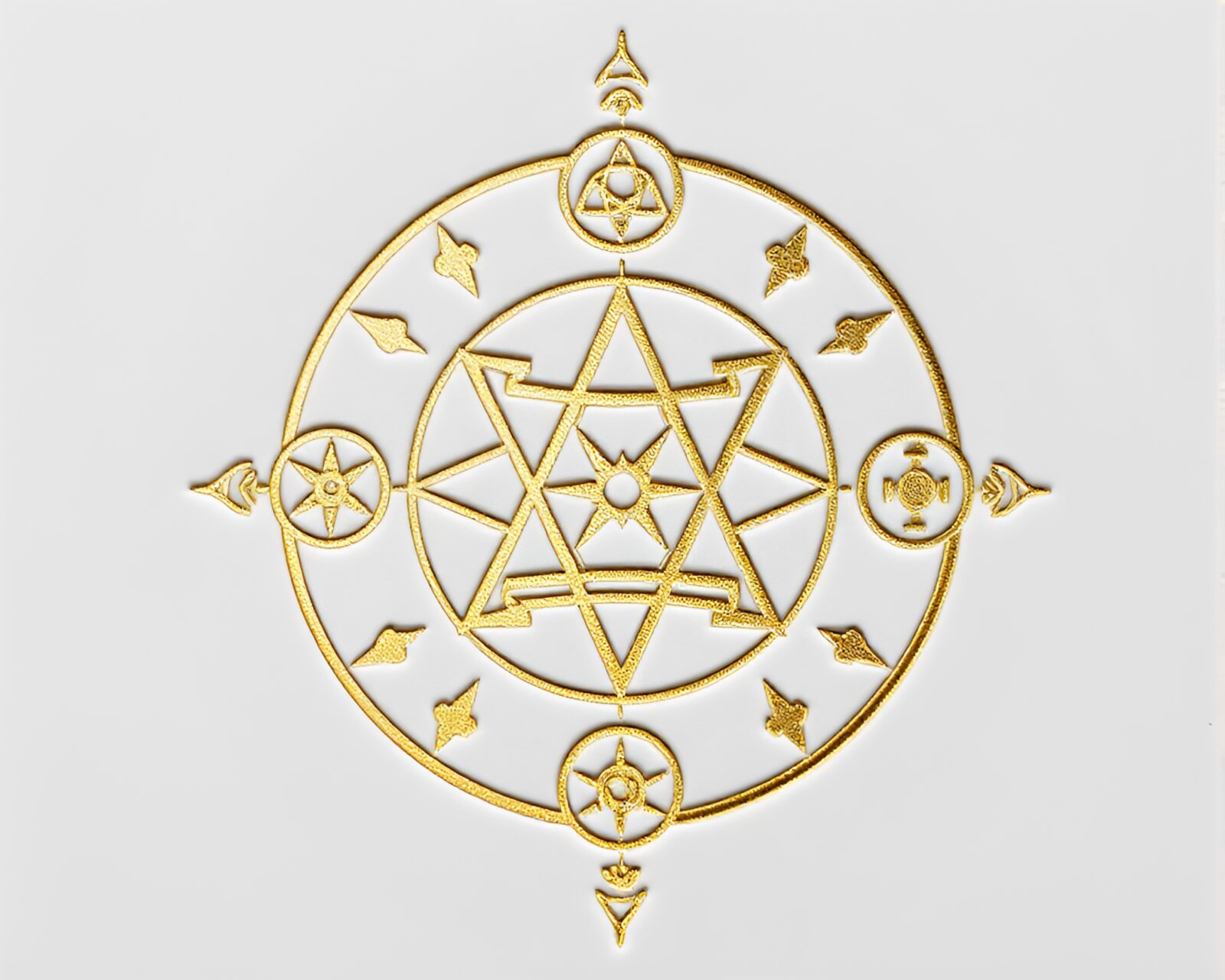 Intricate alchemical symbols in minimalist foil stamping style.