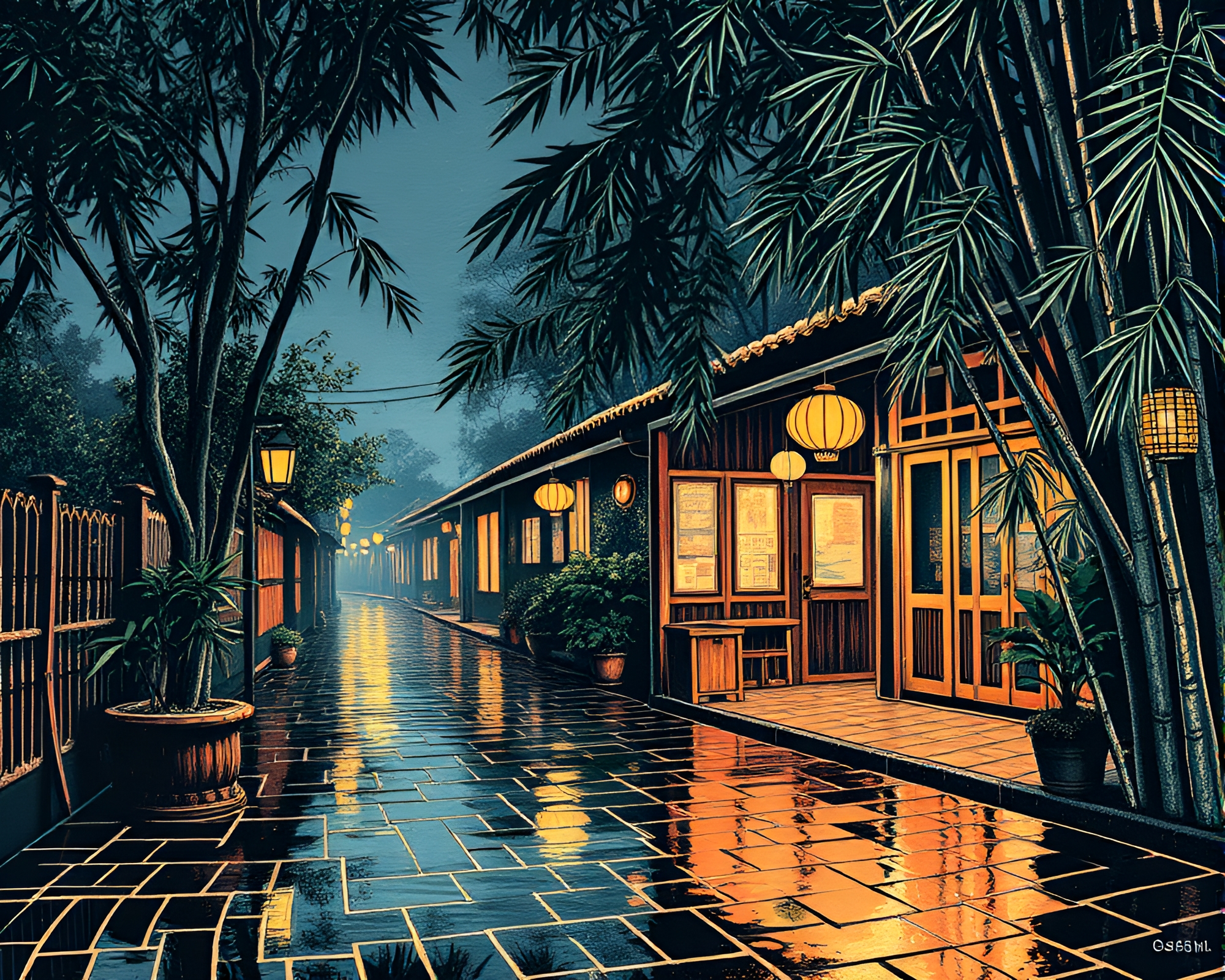 Bamboo Hut in Peachy Glow on Wet Pavement – free AI stock image