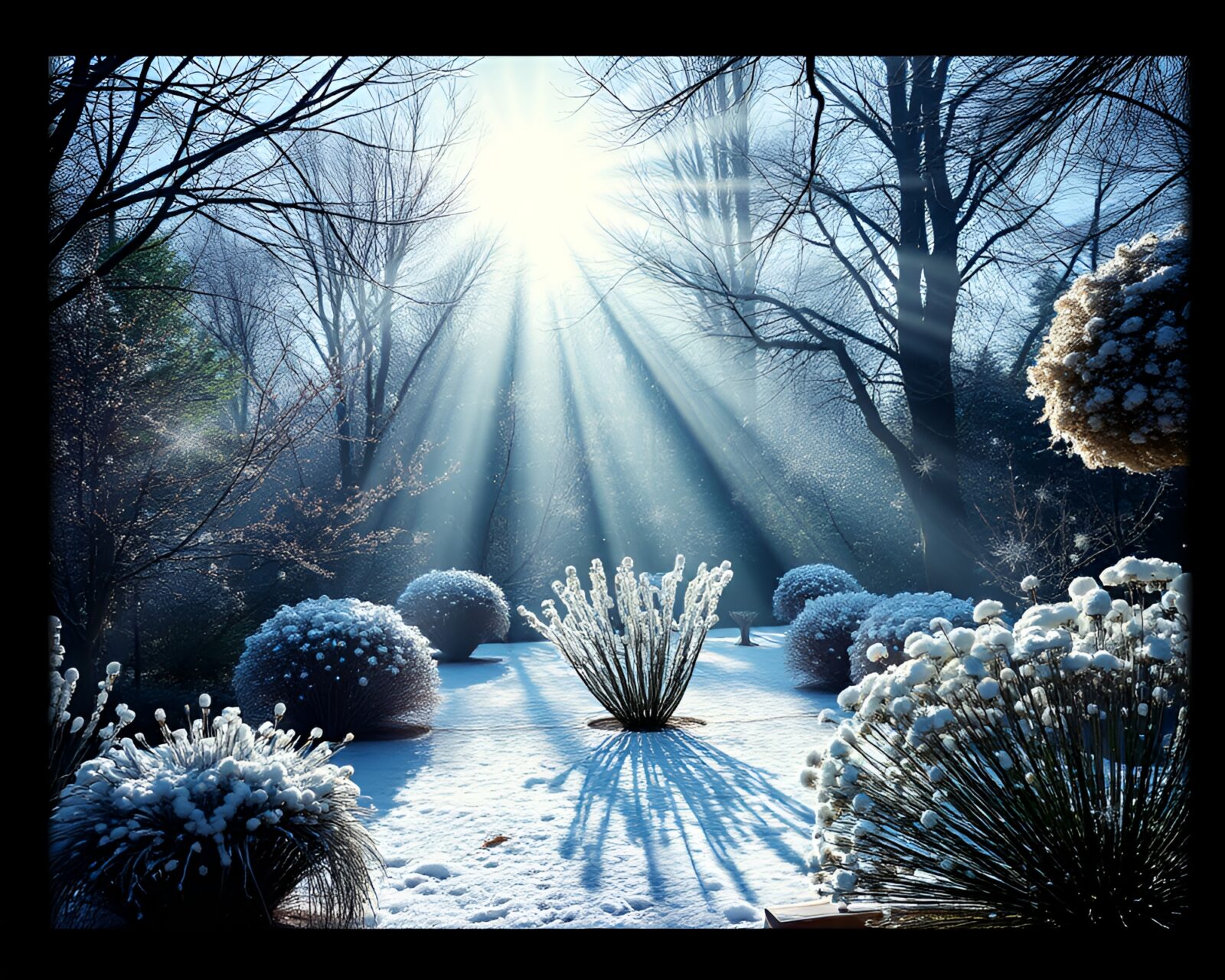 Tranquil zen garden covered in snowflakes under glowing x-ray sunbeams