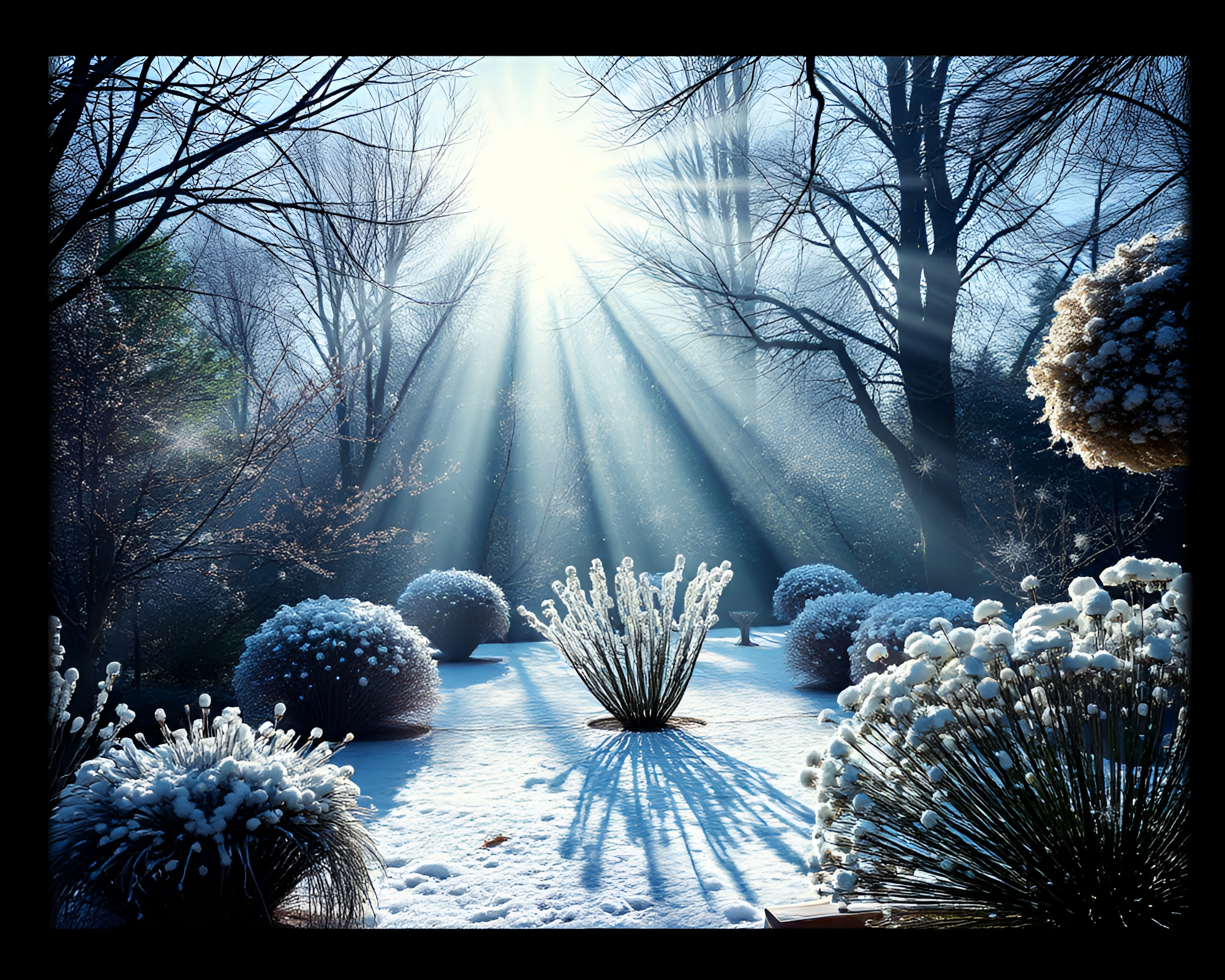 Zen Garden Snowflake Oasis with X-Ray Sunbeam Illumination – free AI stock image