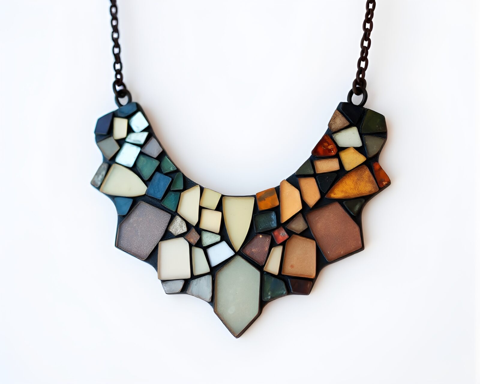 Mosaic of earthy tones necklace art in tri-tone style