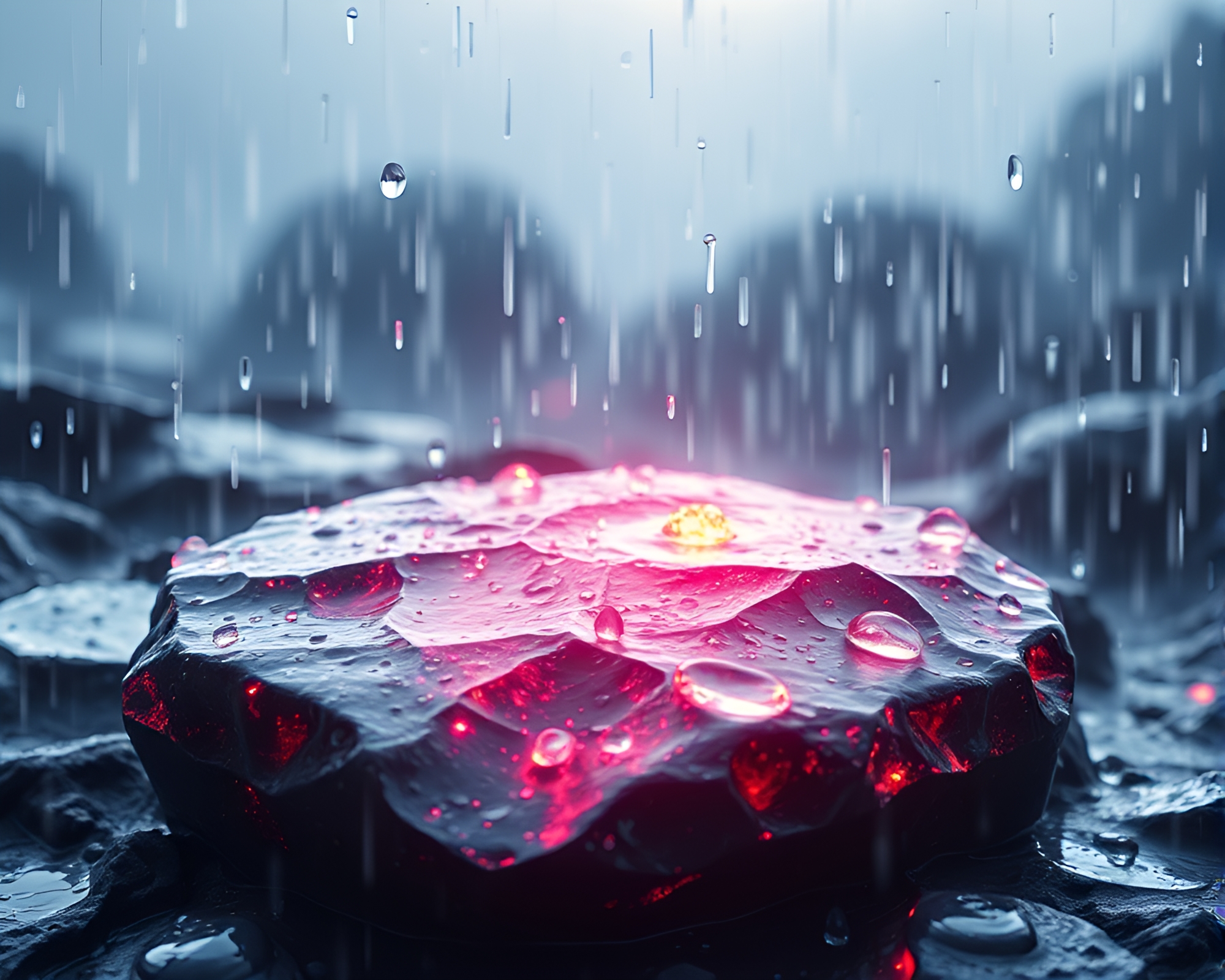Glowing Rune Stone in Maximalist Rain Droplets – free AI stock image