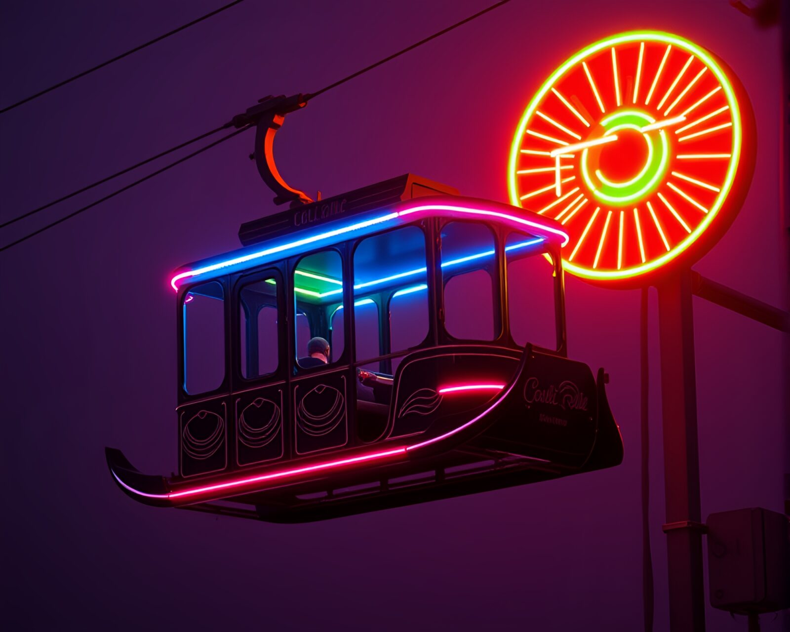 Vibrant neon-lit gondola lift soaring through oily rainbow skies