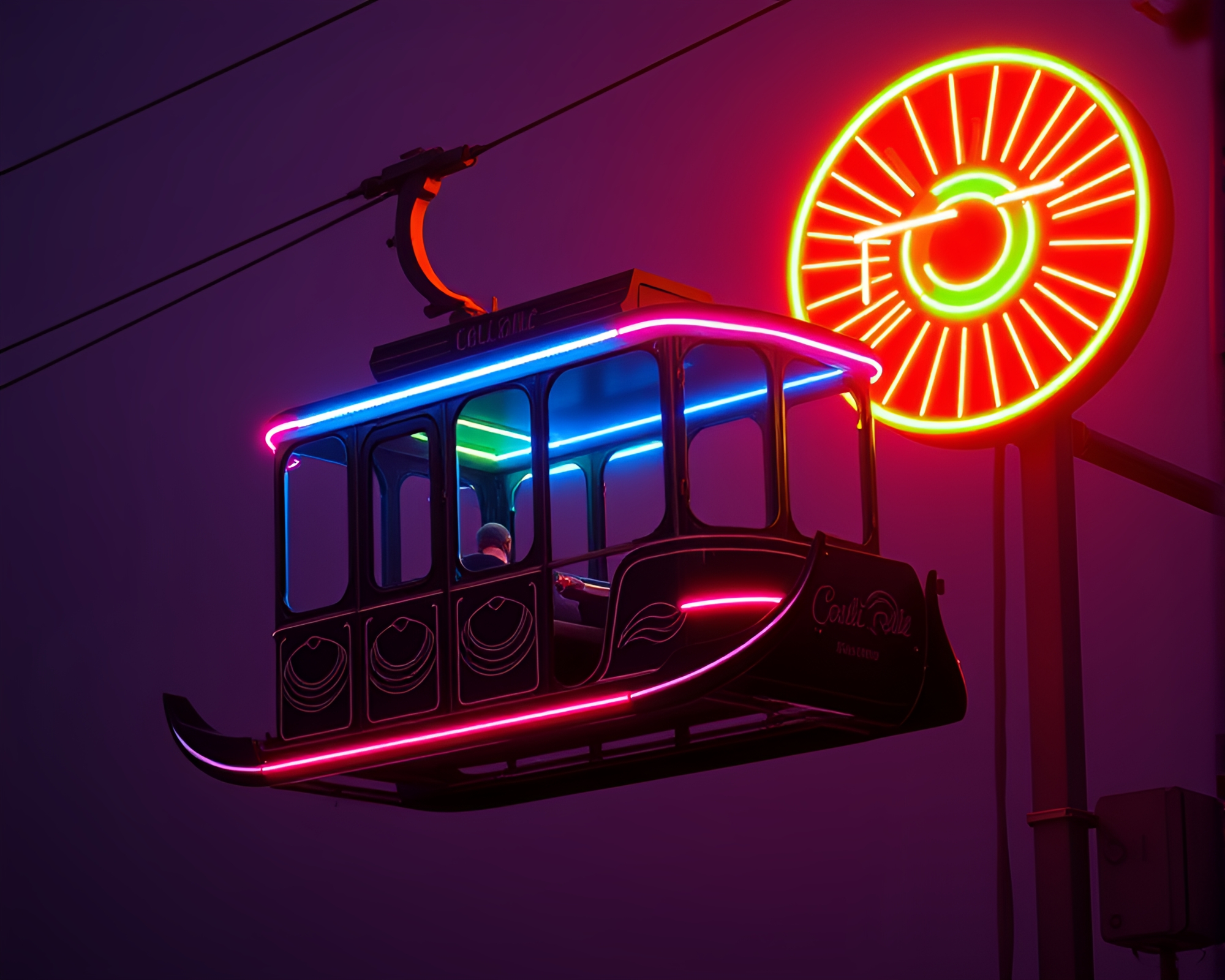Gondola Lift Piercing Neon Oil Slick Rainbow – free AI stock image