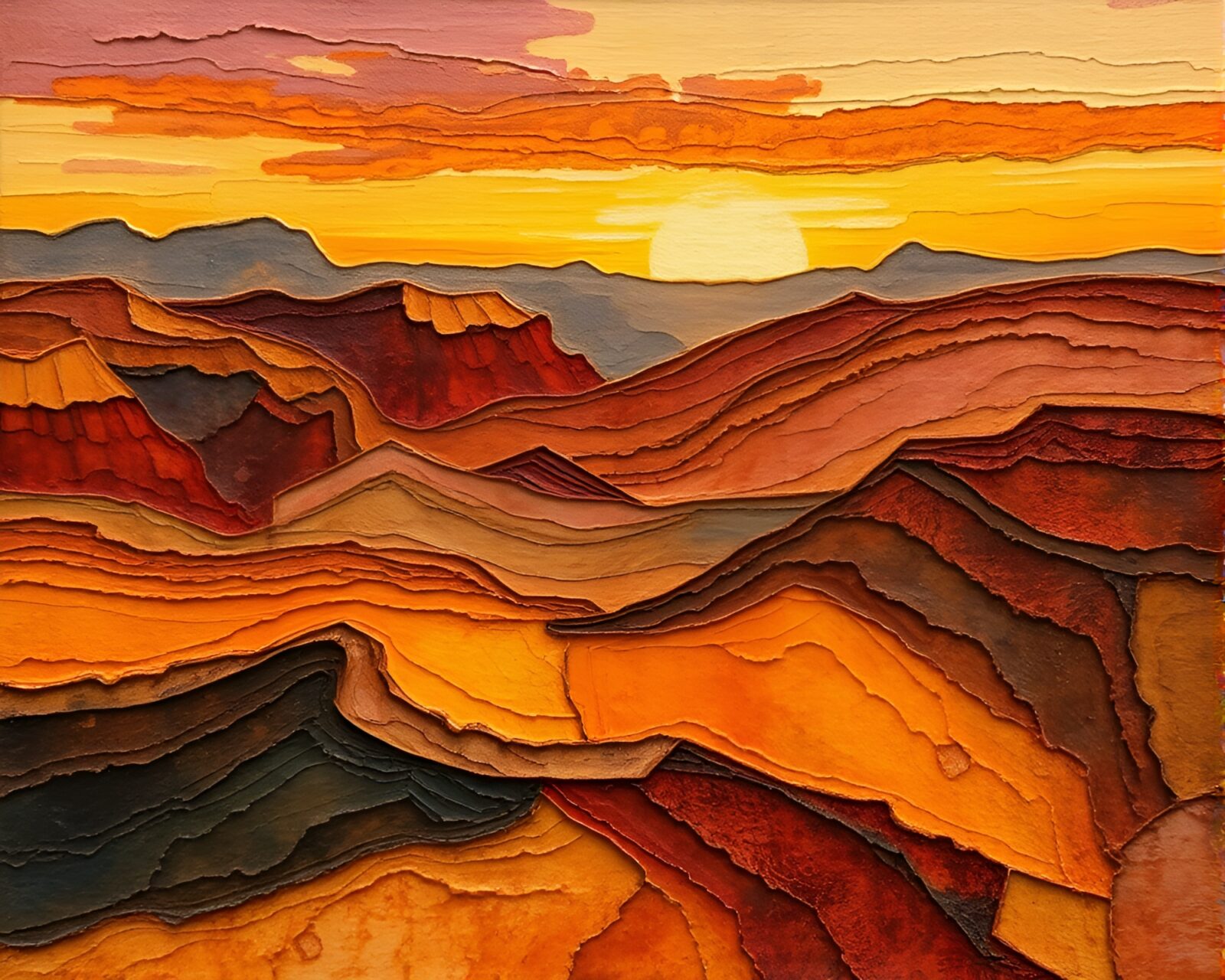 Oil impasto ridges forming antique sextant in warm sunset hues