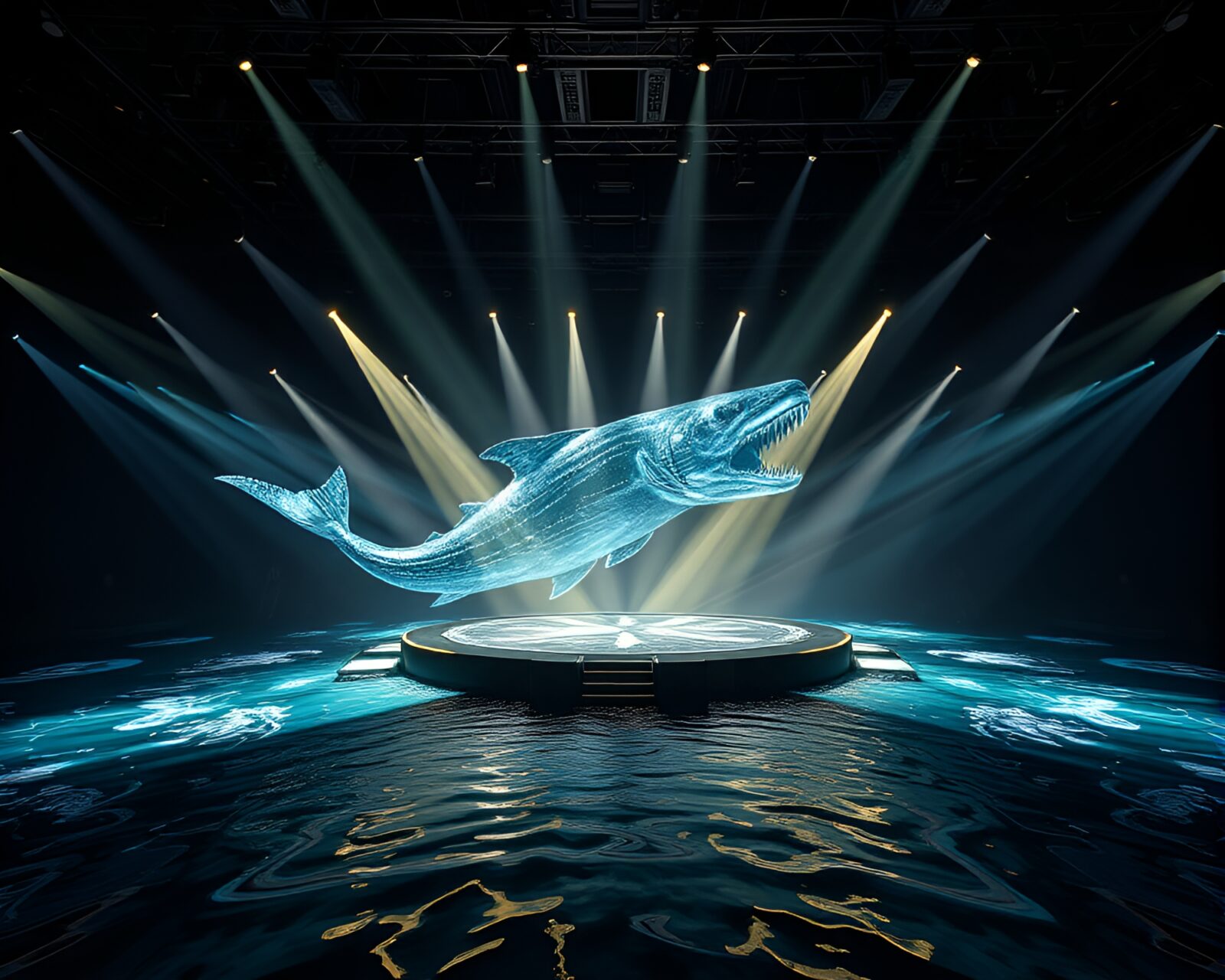 Majestic Leviathan surrounded by colorful stage lights and fluid simulation