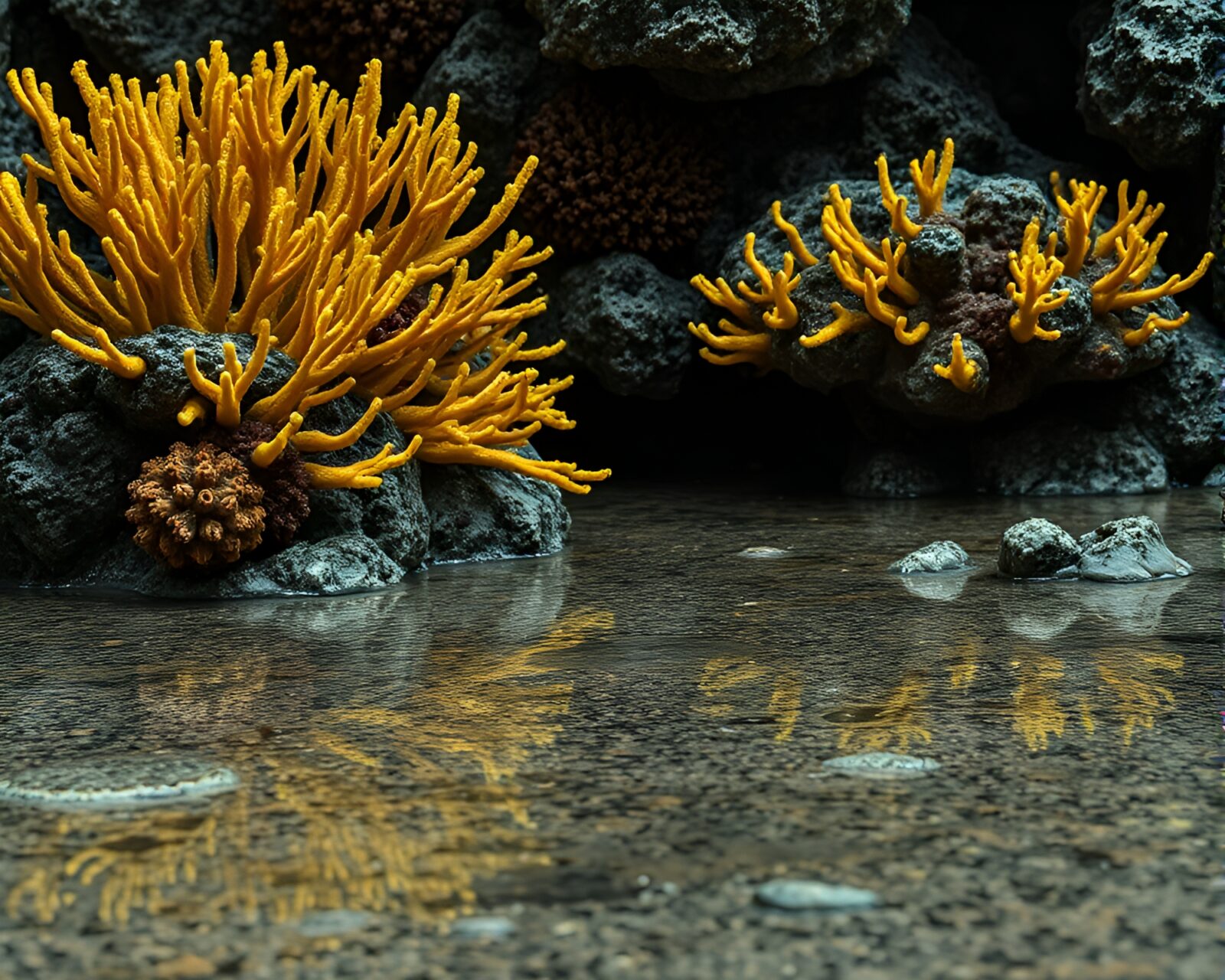 Monochrome yellow coral reef with hair simulation on pavement
