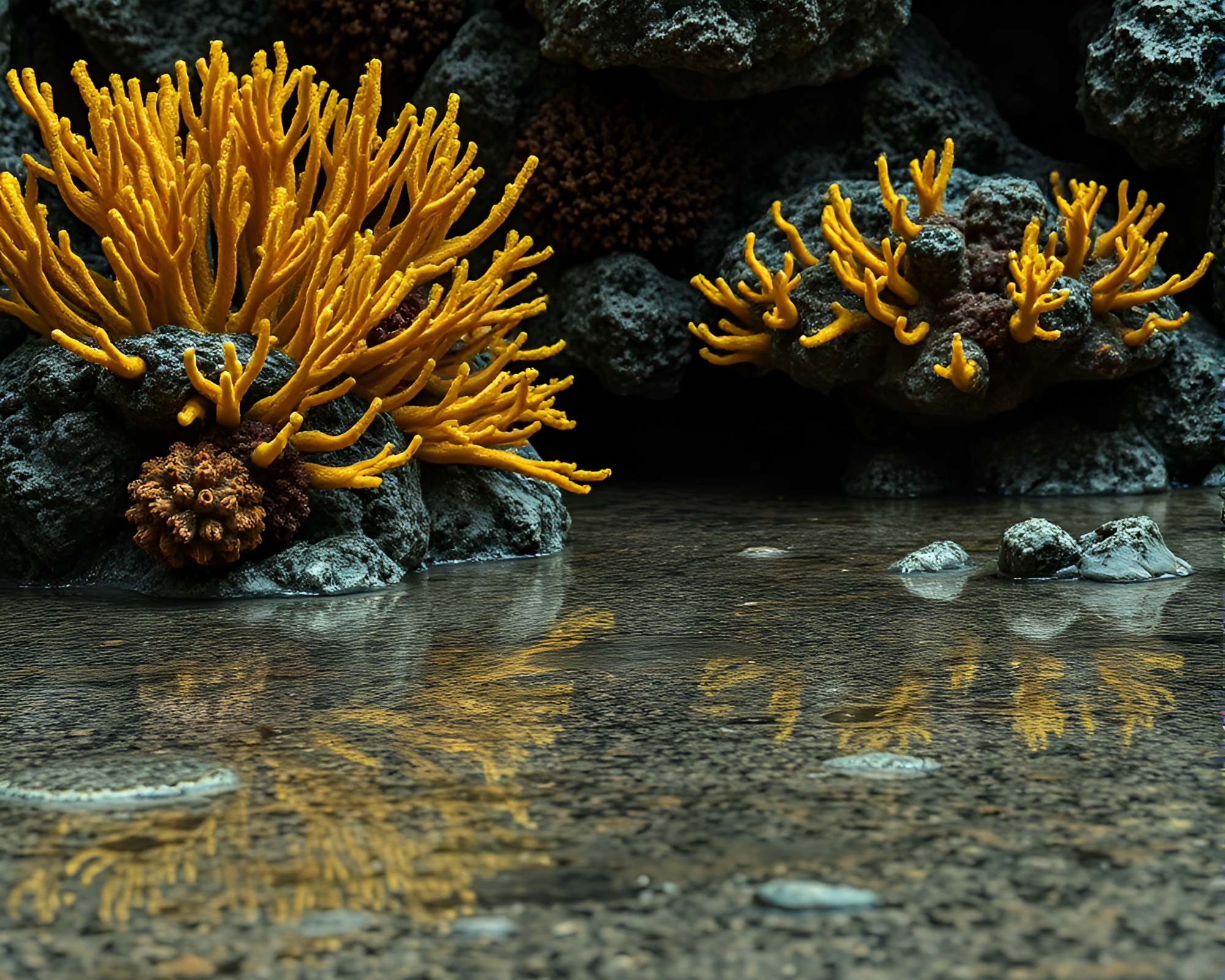 Coral Reef Fantasy on Wet Yellow Pavement – free AI stock image