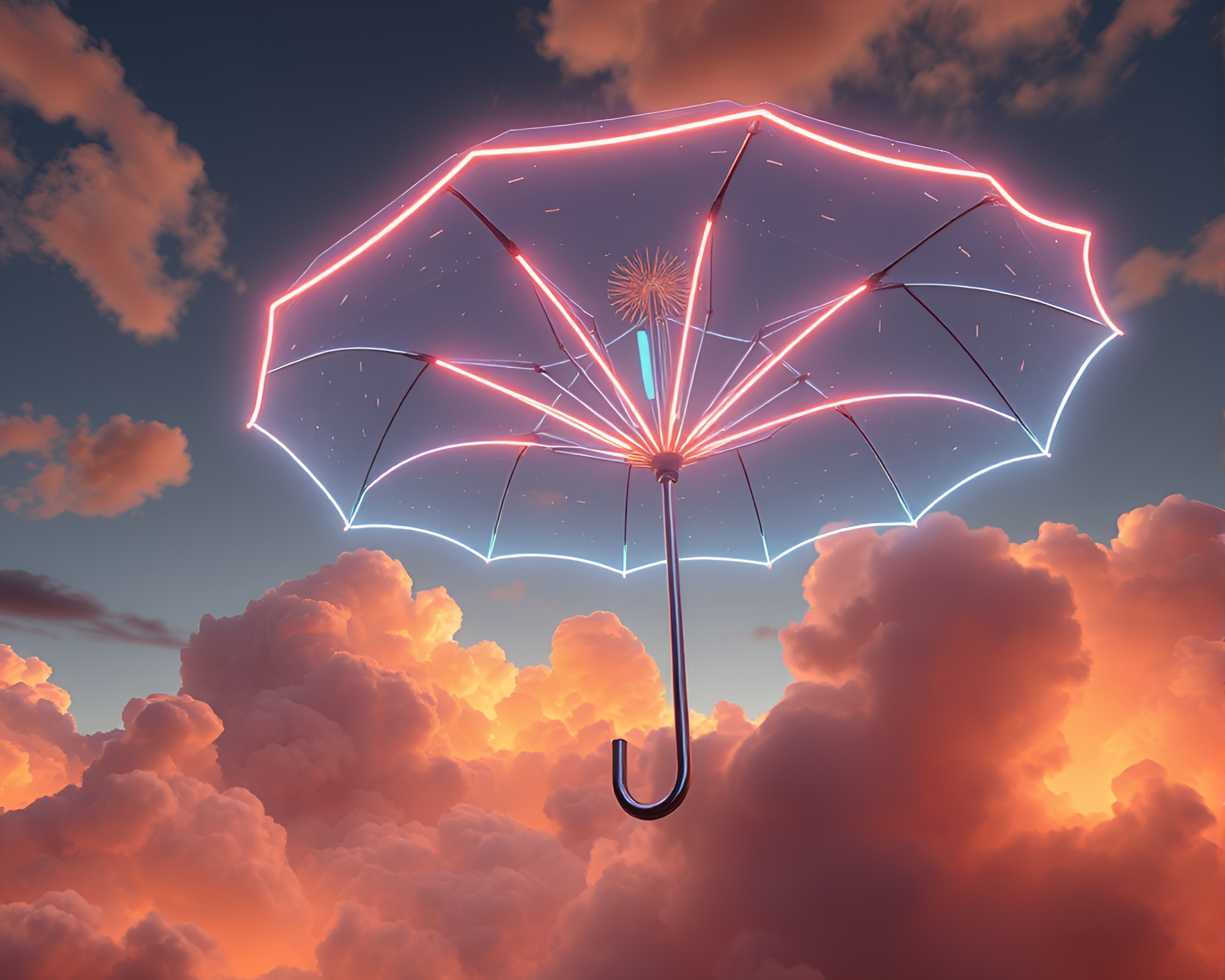Neon-lit Umbrella Amidst Bronze Cloud Formations – free AI stock image