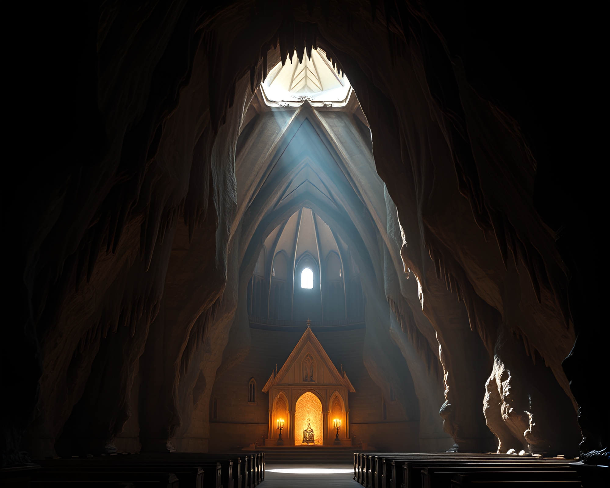 Enchanting Cave Stalactites Illuminated by Candlelight – free AI stock image