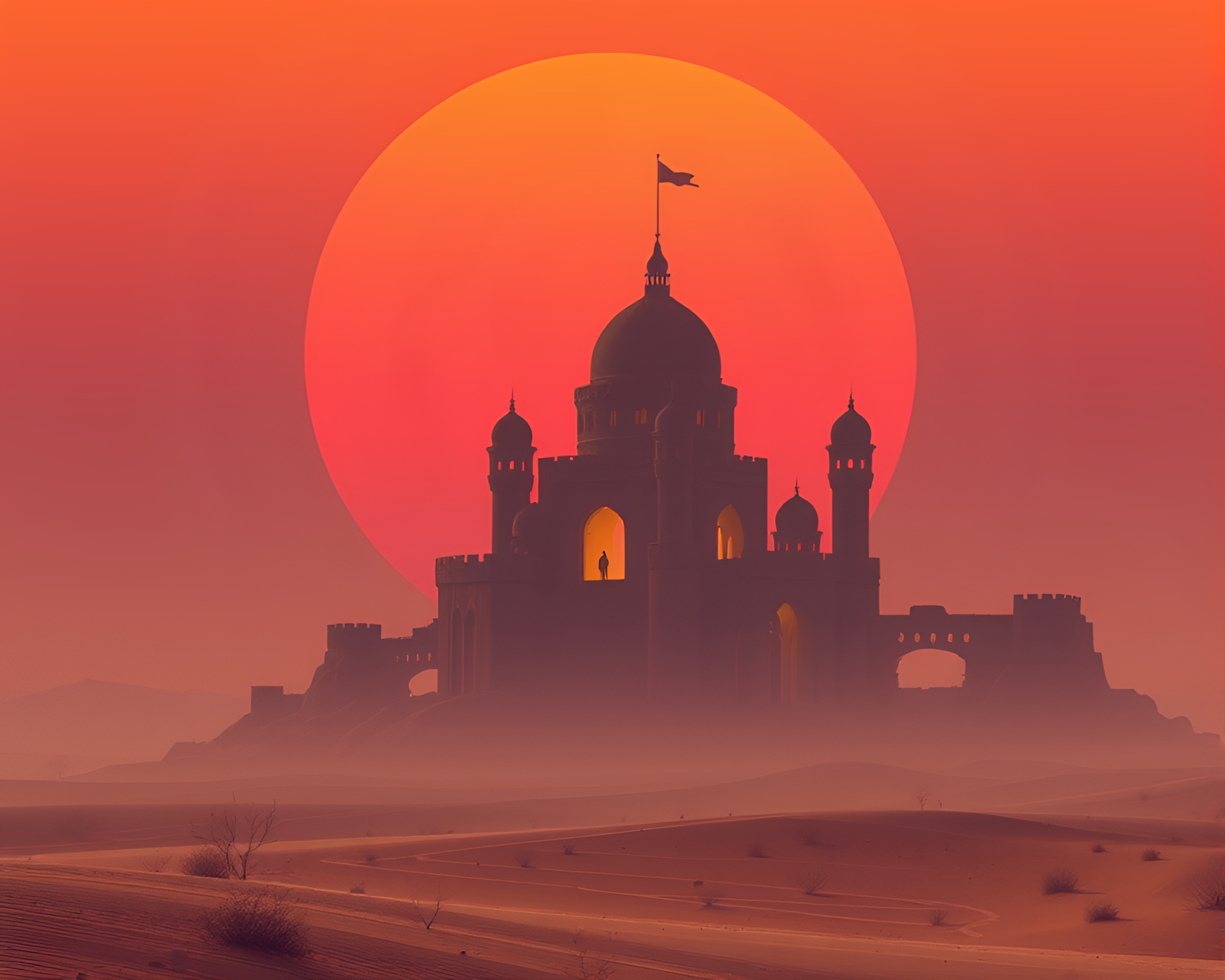 Zoom Burst Sunset at Retro Futurism Castle – free AI stock image
