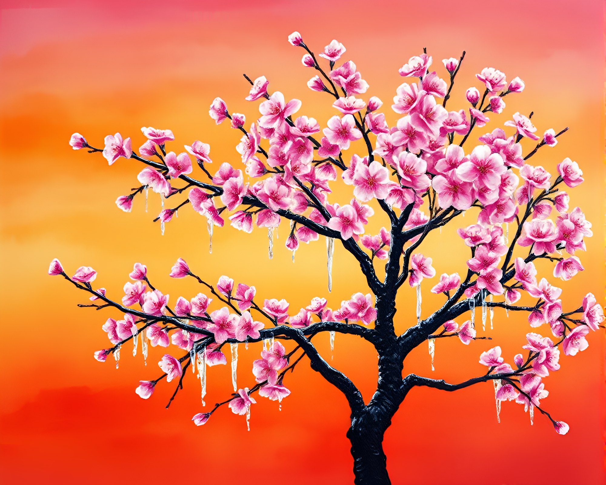 Cherry Blossom Tree with Ice Crystals at Sunset – free AI stock image