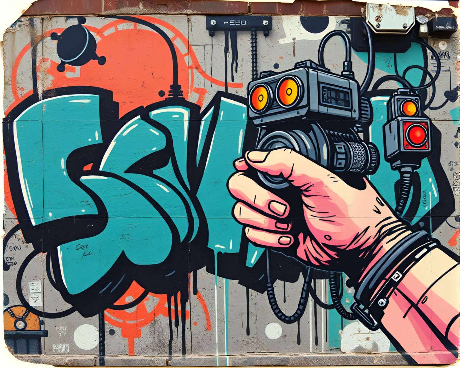 Vintage polaroid style mural featuring steampunk cybernetic hand