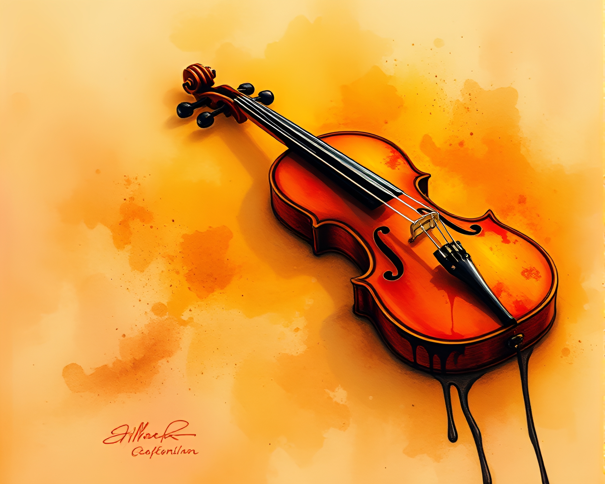 Ink Wash Violin Serenade in Fluorescent Desert Light – free AI stock image