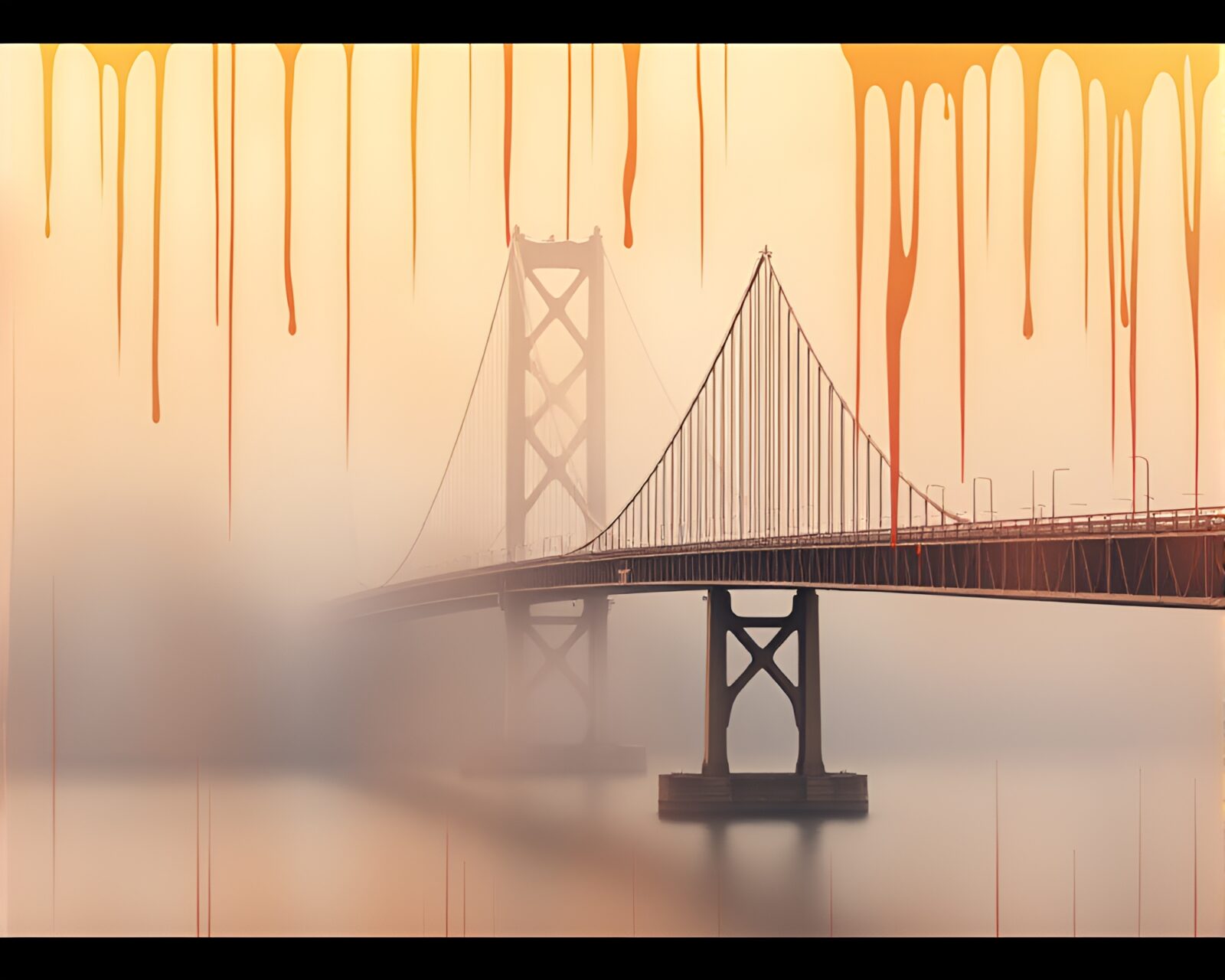 Soft-focus image of a surreal suspension bridge with golden hues
